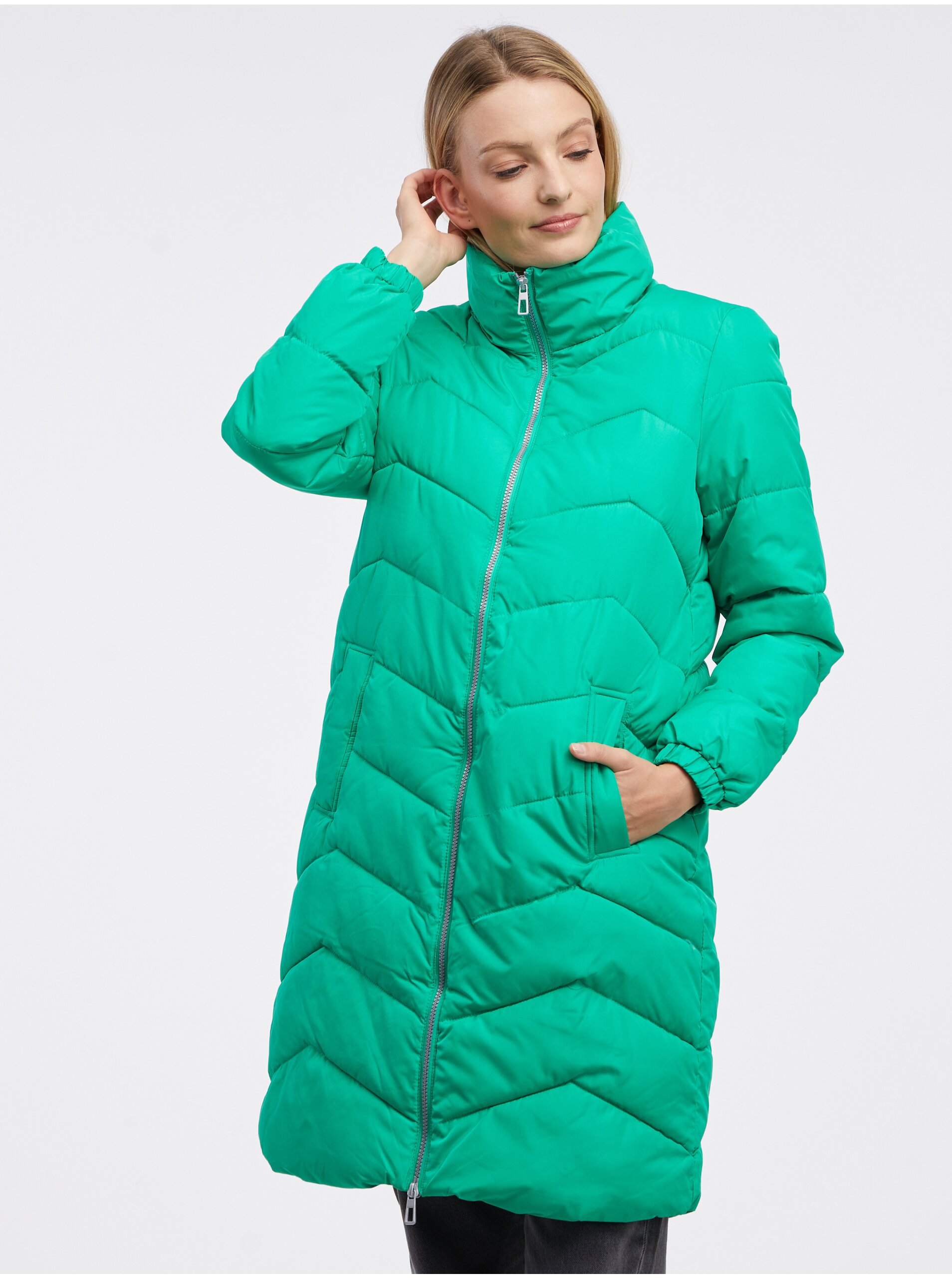 Levně Zelený dámský zimní prošívaný kabát VERO MODA Liga