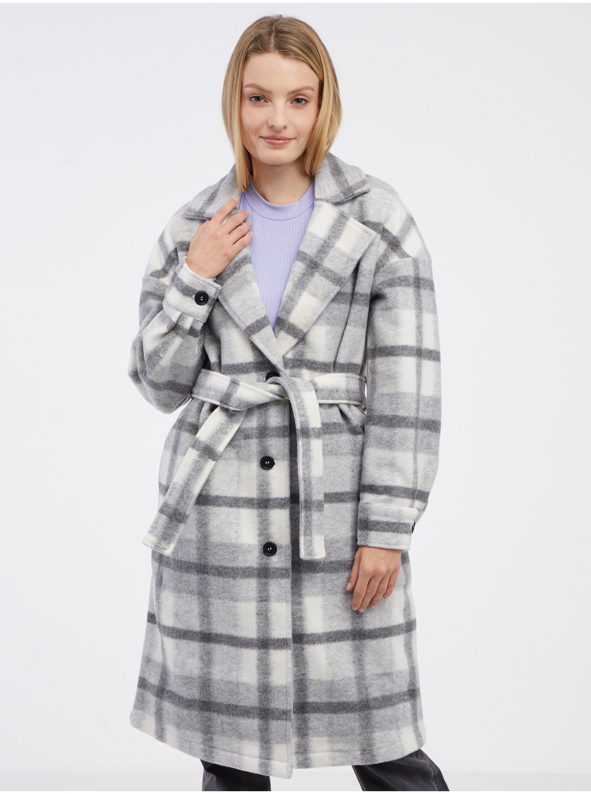 E-shop Světle šedý dámský kostkovaný kabát Noisy May Jonas