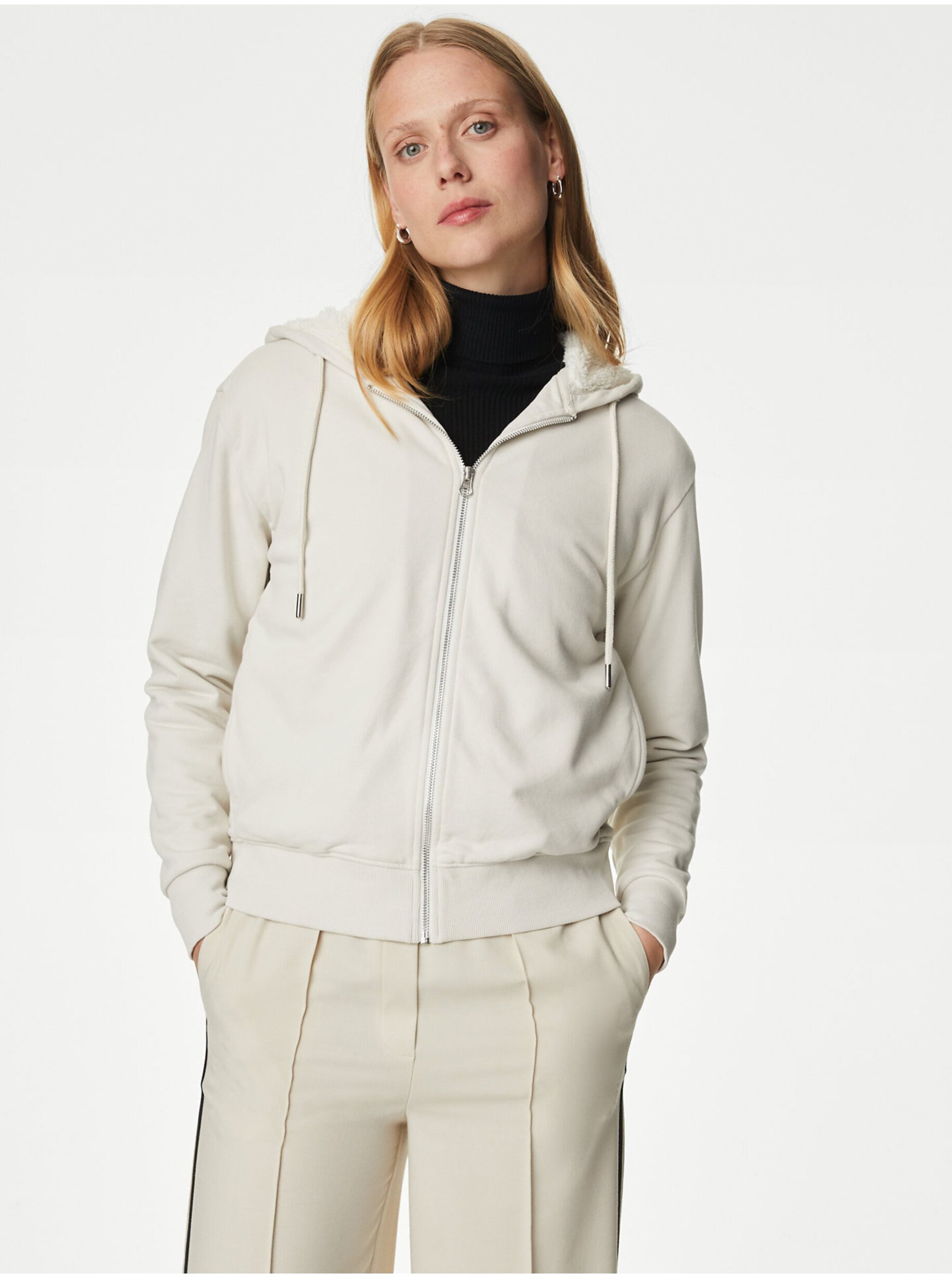 Levně Krémová dámská basic mikina na zip s kapucí Marks & Spencer