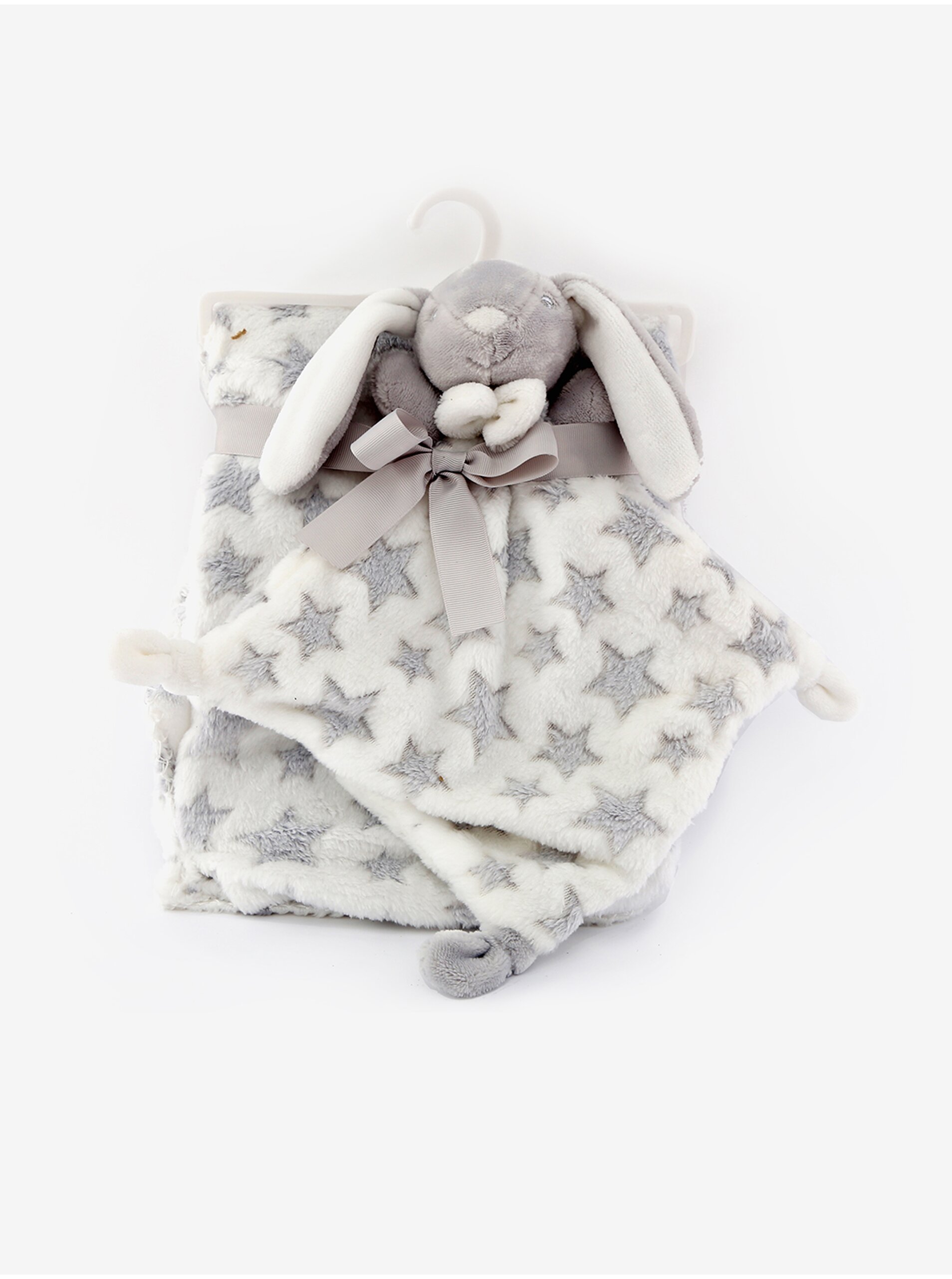 Lacno Šedo-biela detská vzorovaná deka s plyšovým maznáčikom na spanie SIFCON