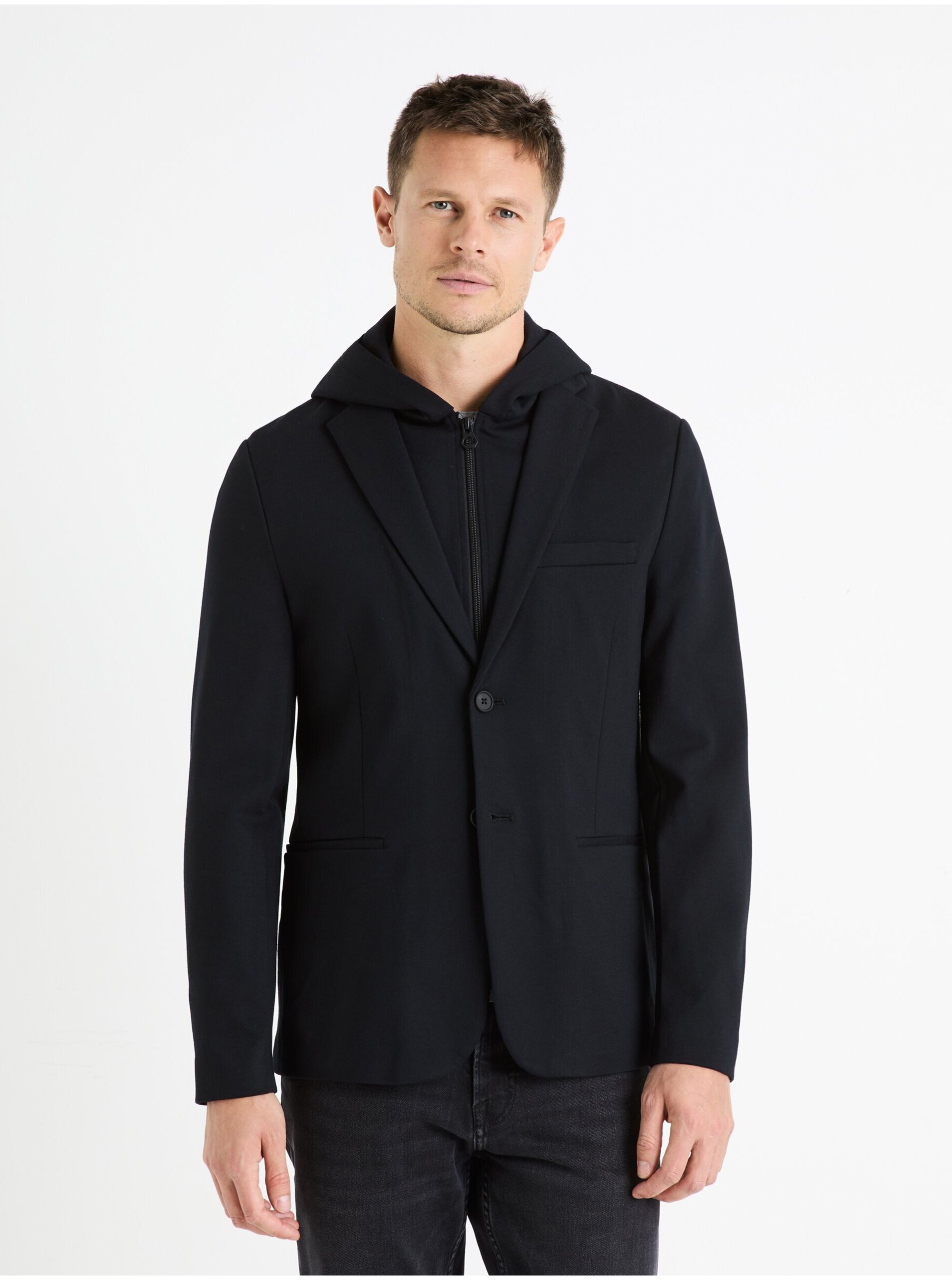 Levně Černé pánské sako s kapucí Celio Fublaz