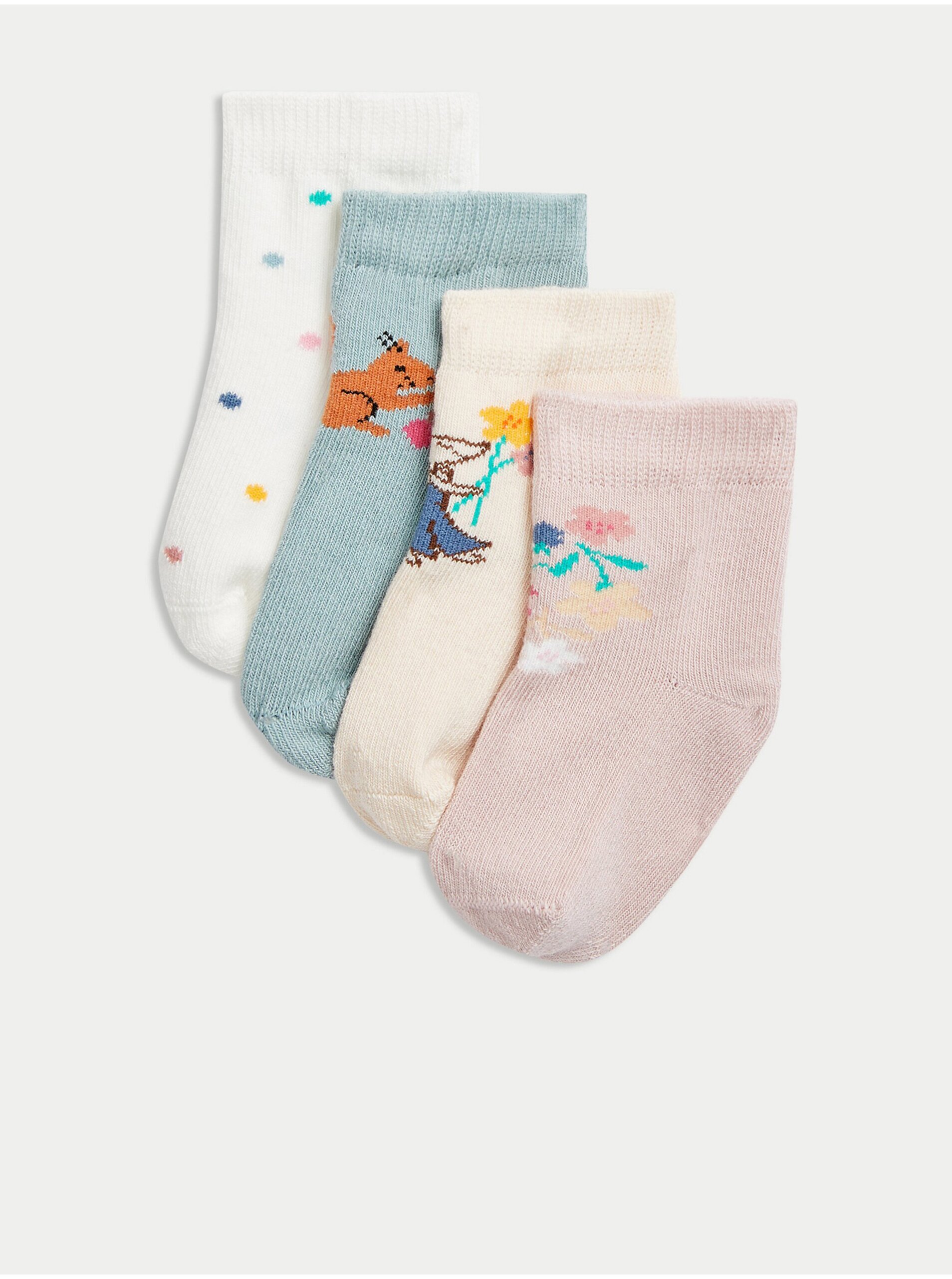 Levně Sada čtyř párů dětských vzorovaných ponožek v bílé, krémové, růžové a světle modré barvě Marks & Spencer