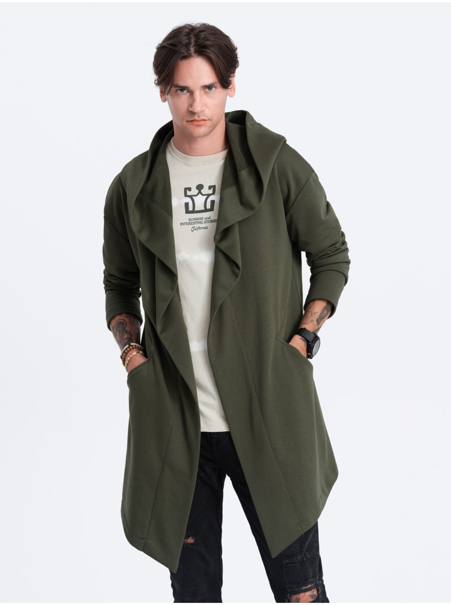 E-shop Khaki pánská mikina s kapucí Ombre Clothing