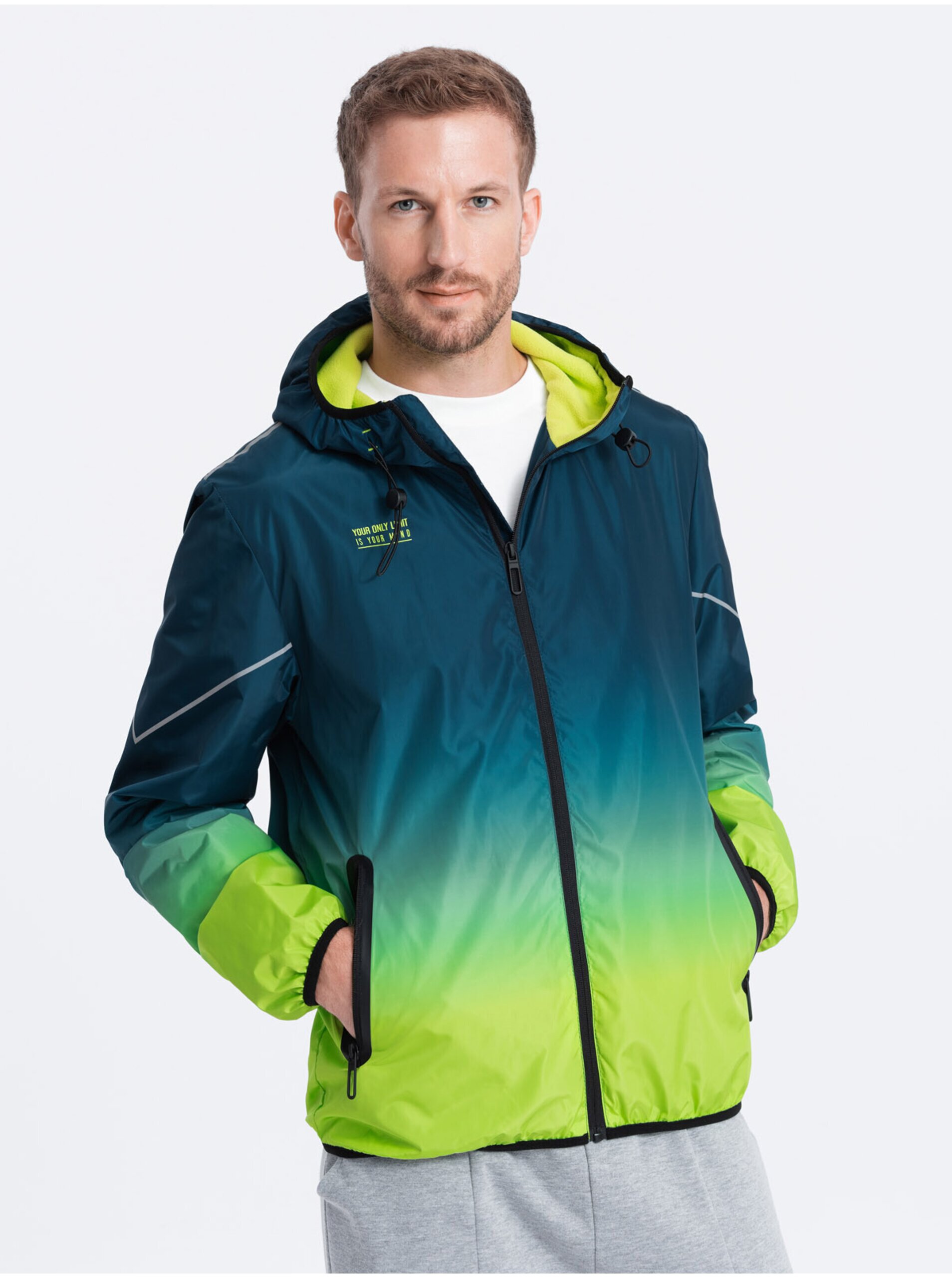 Lacno Zeleno-petrolejová pánska športová bunda Ombre Clothing