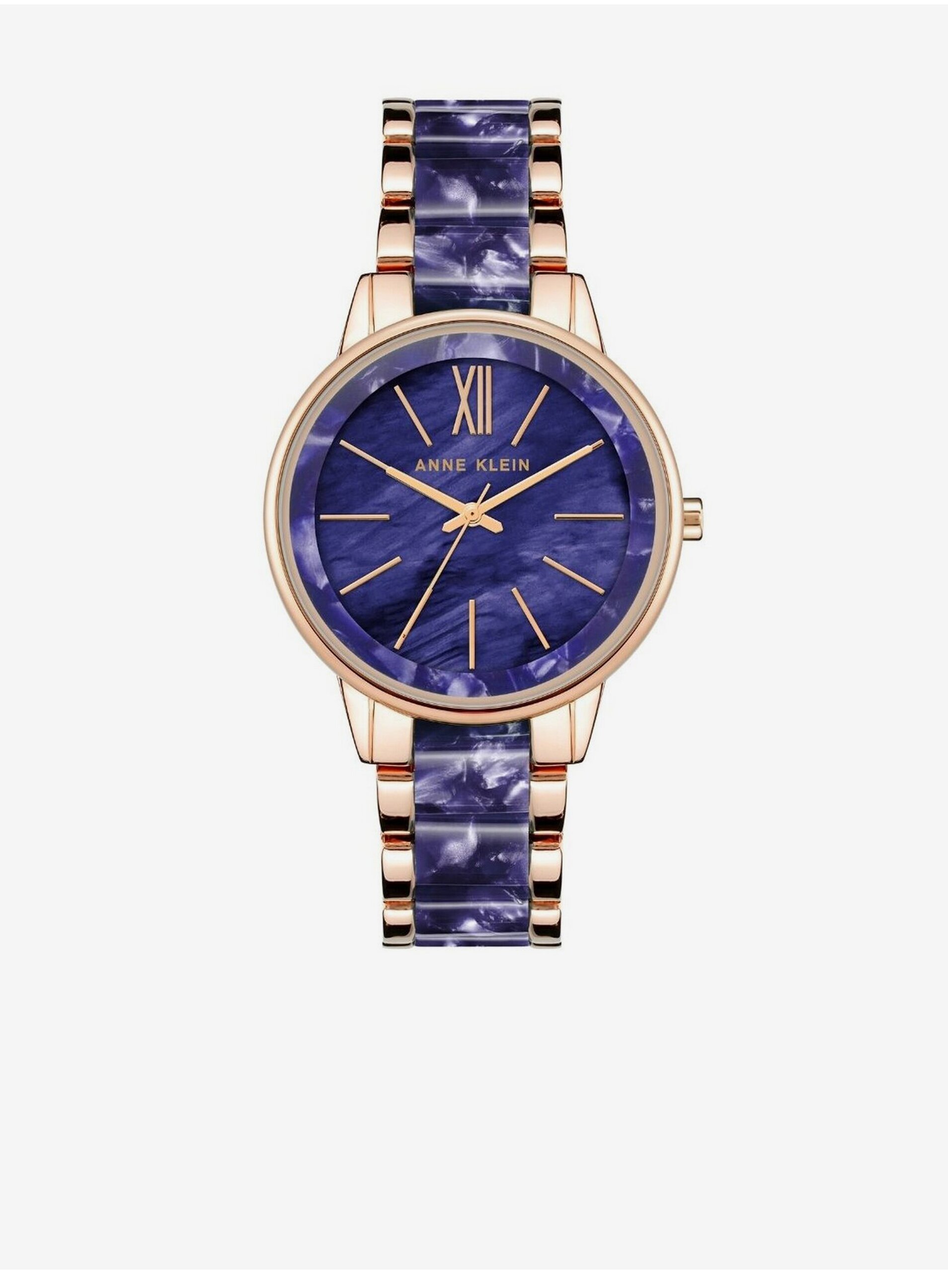 Levně Dámské hodinky v růžovozlaté a modré barvě Anne Klein