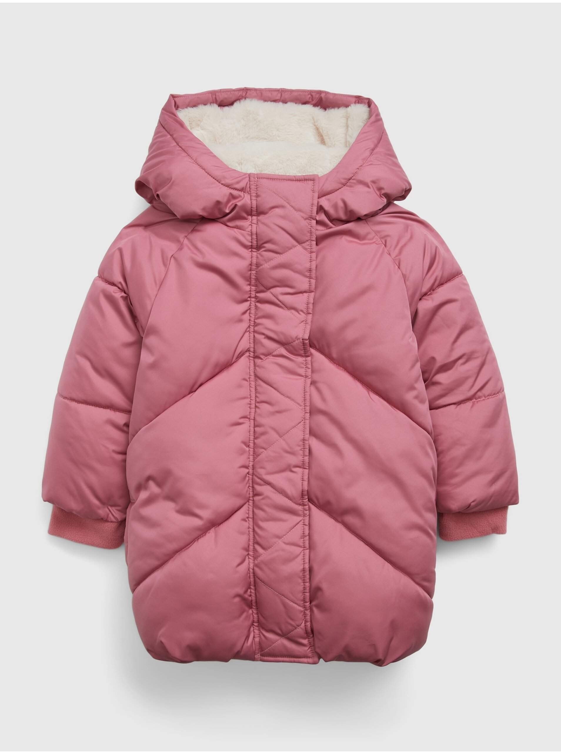 Lacno Ružová dievčenská zimná prešívaná bunda s umelým kožúškom GAP