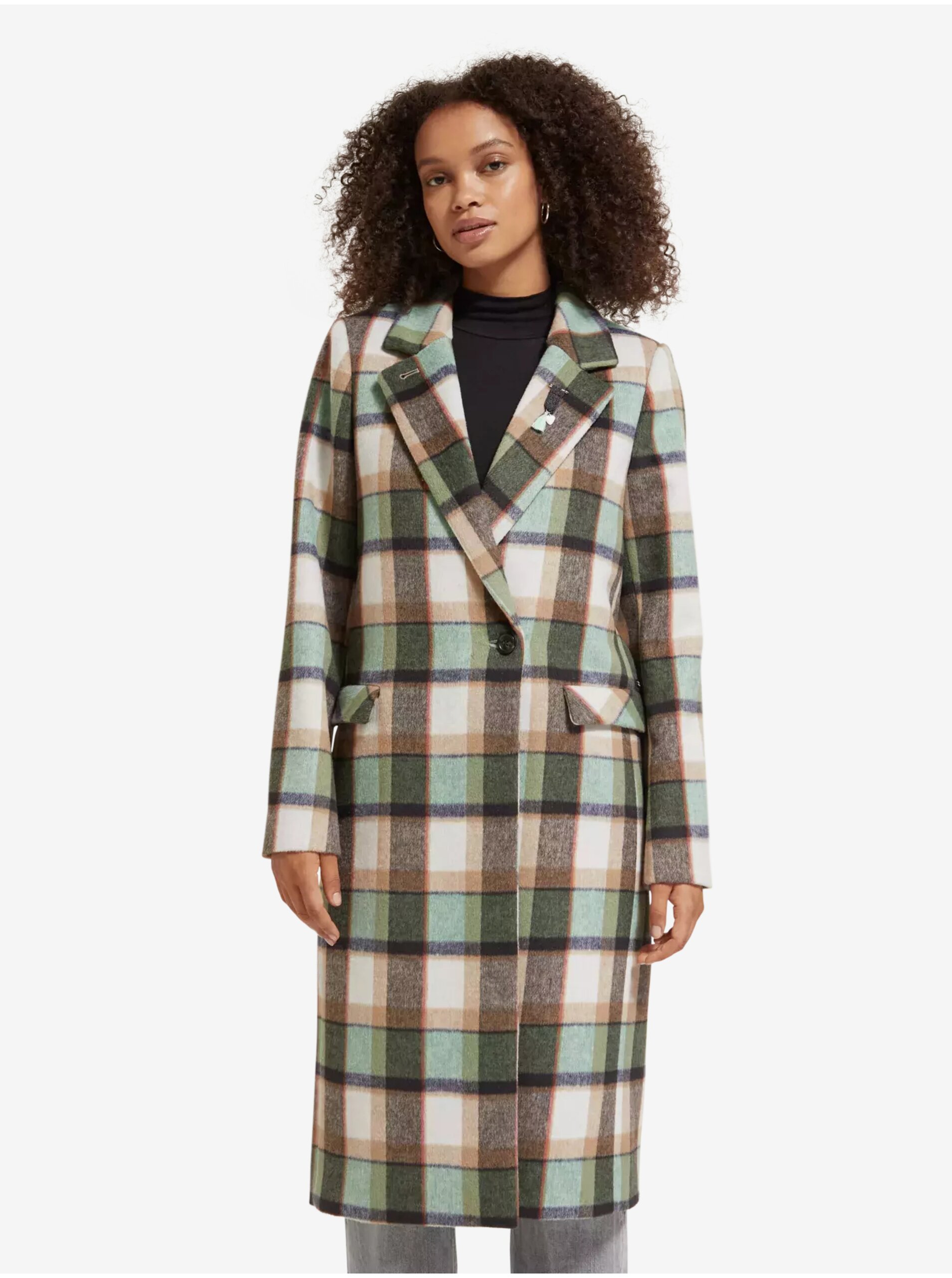E-shop Zelený dámský kostkovaný zimní kabát s příměsí vlny Scotch & Soda