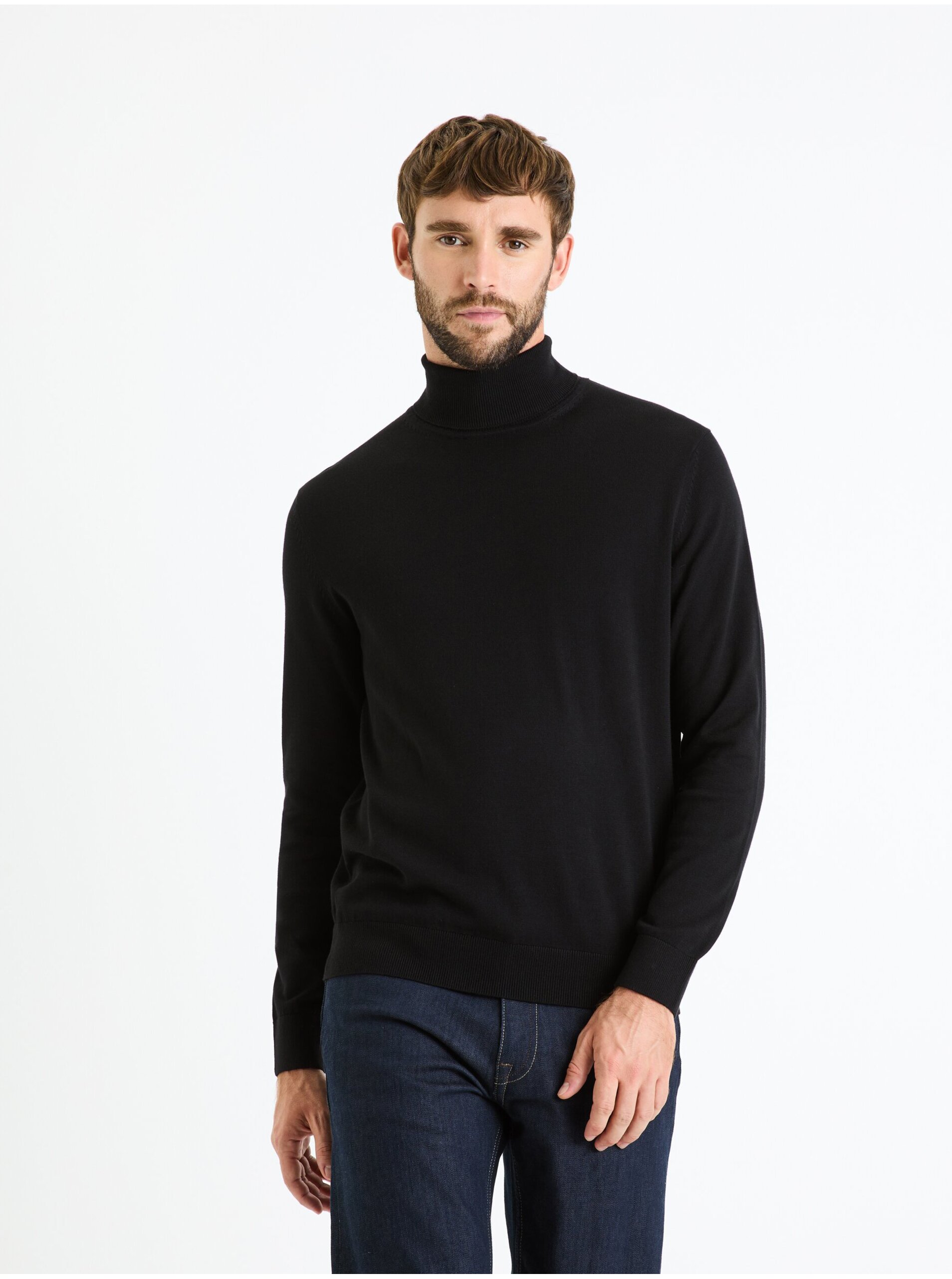 Lacno Čierny pánsky basic sveter s rolákom Celio Feroll