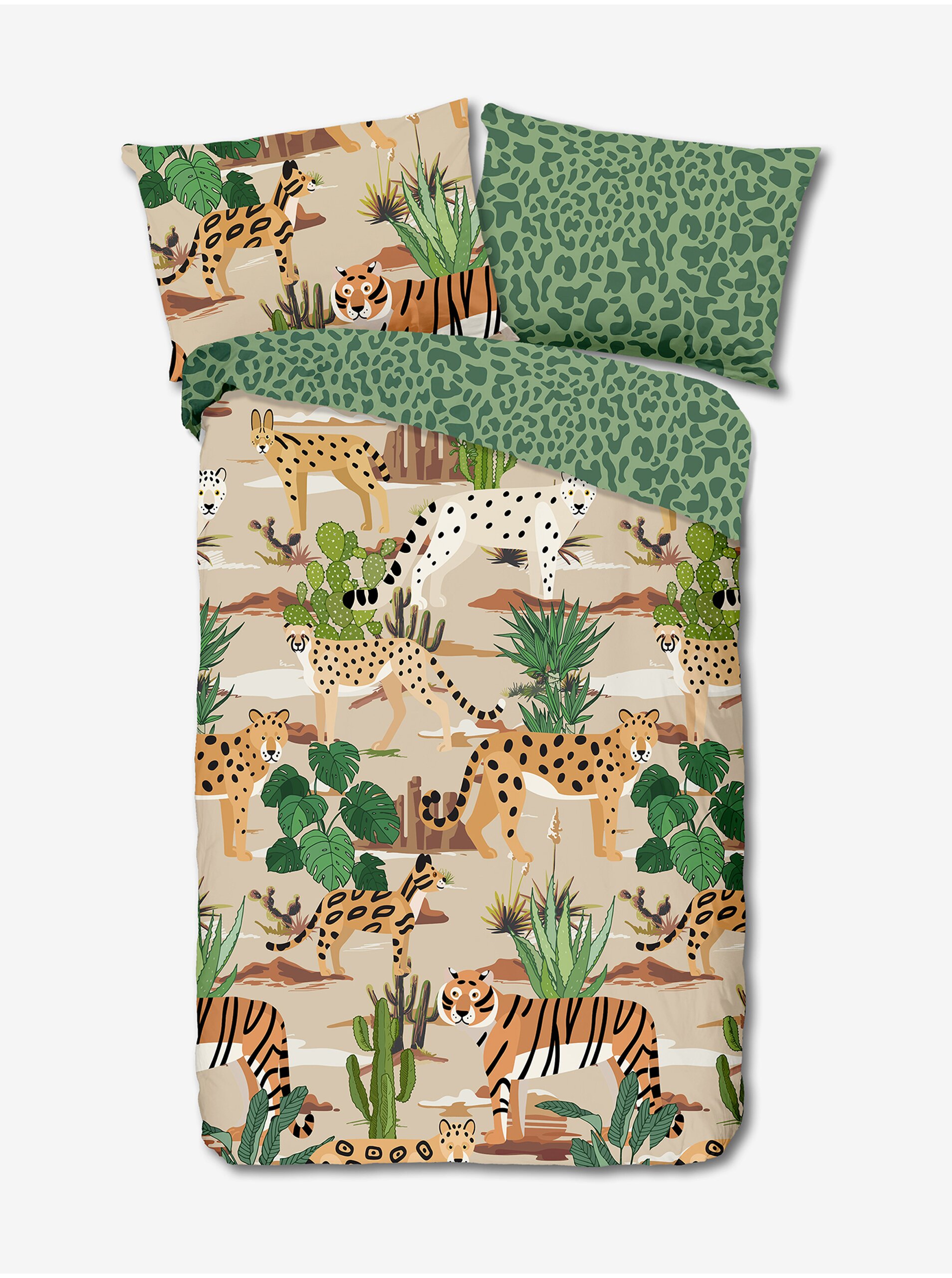 Lacno Béžovo-zelené obojstranné obliečky s motívom mačkovitých šeliem 140 x 200 cm / 70 x 90 cm Good Morning Felines