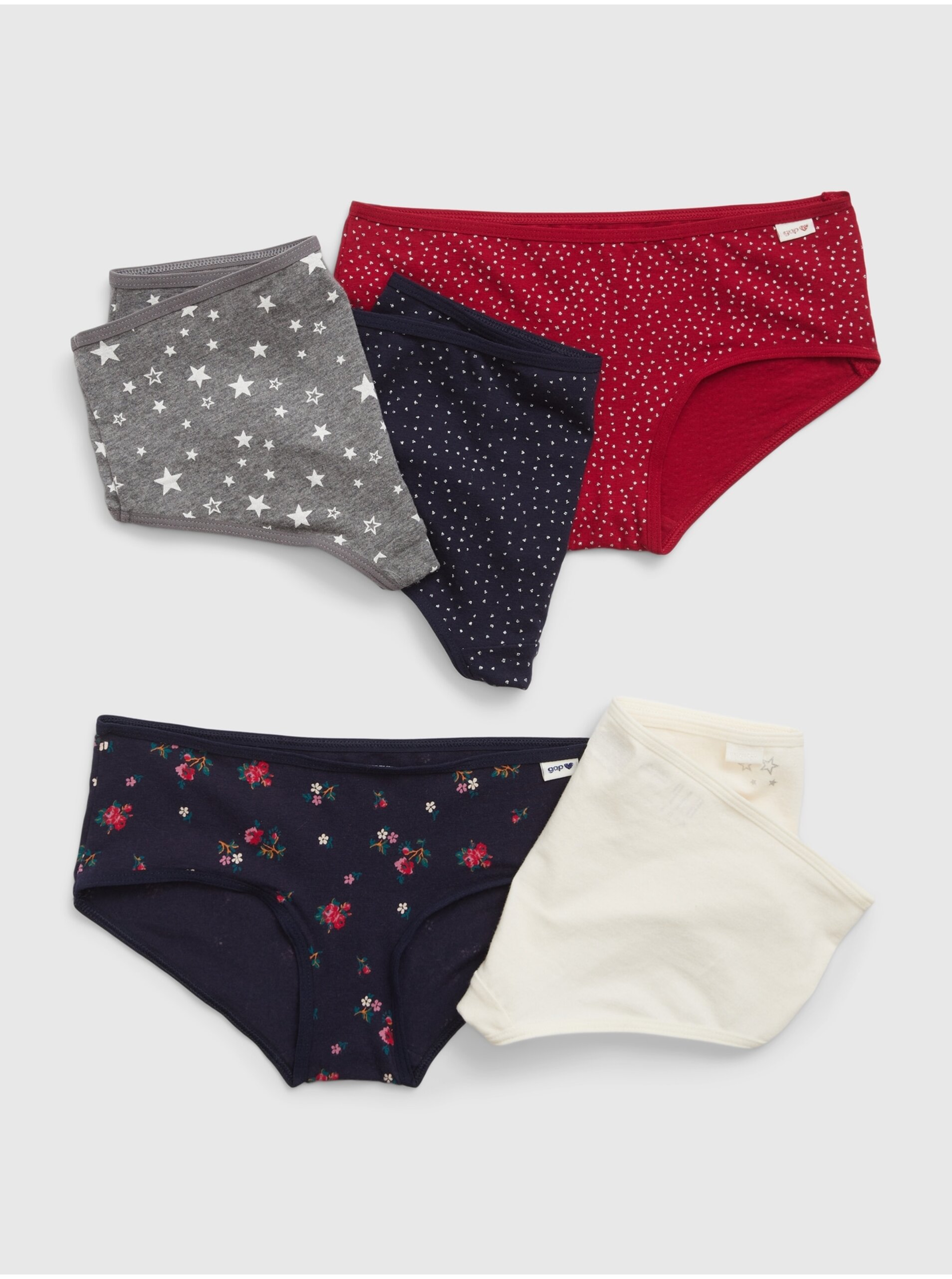 Lacno Sada piatich dievčenských vzorovaných nohavičiek v tmavomodrej, šedej, červenej a bielej farbe GAP