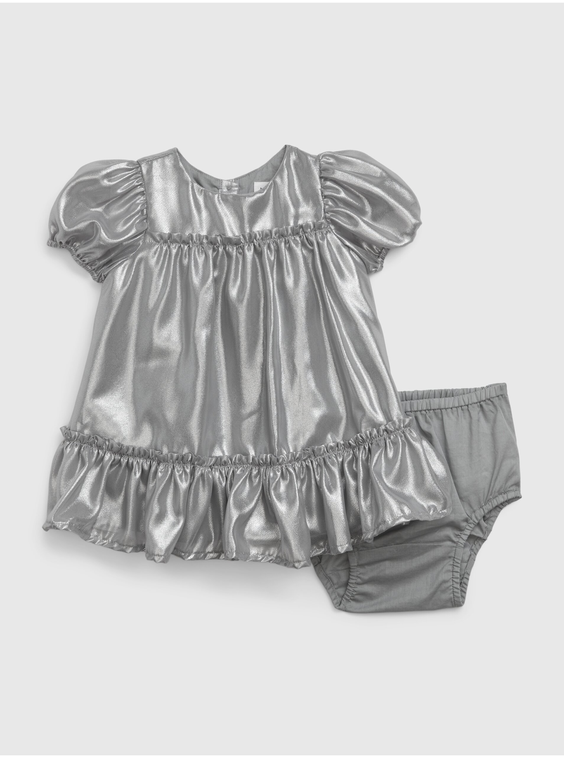 Levně Sada holčičích saténových šatů s volánky a kalhotek ve stříbrné barvě GAP