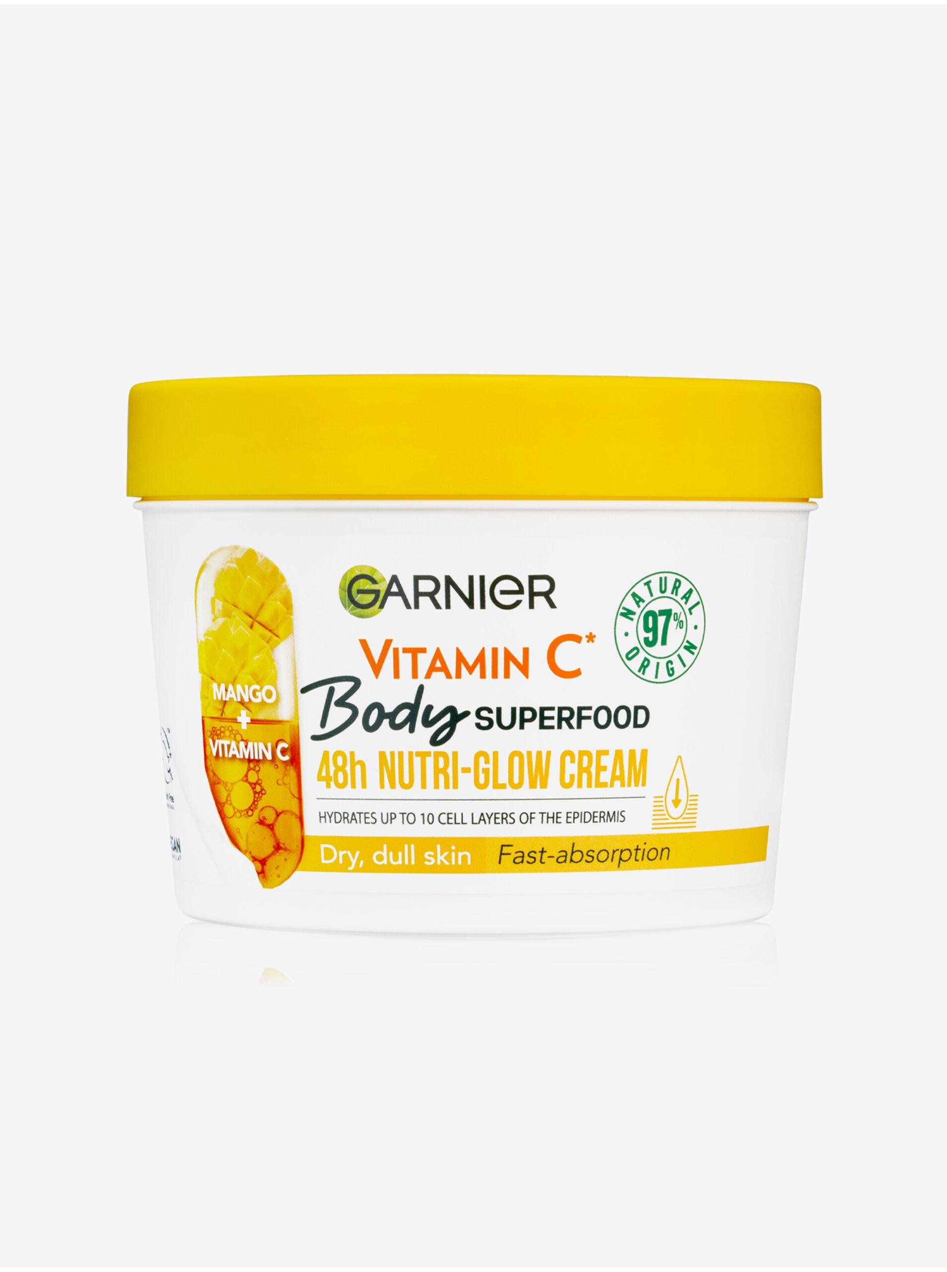 Levně Tělový krém na rozjasnění pokožky Mango + Vitamin C Garnier Body Food Glow Cream (380 ml)