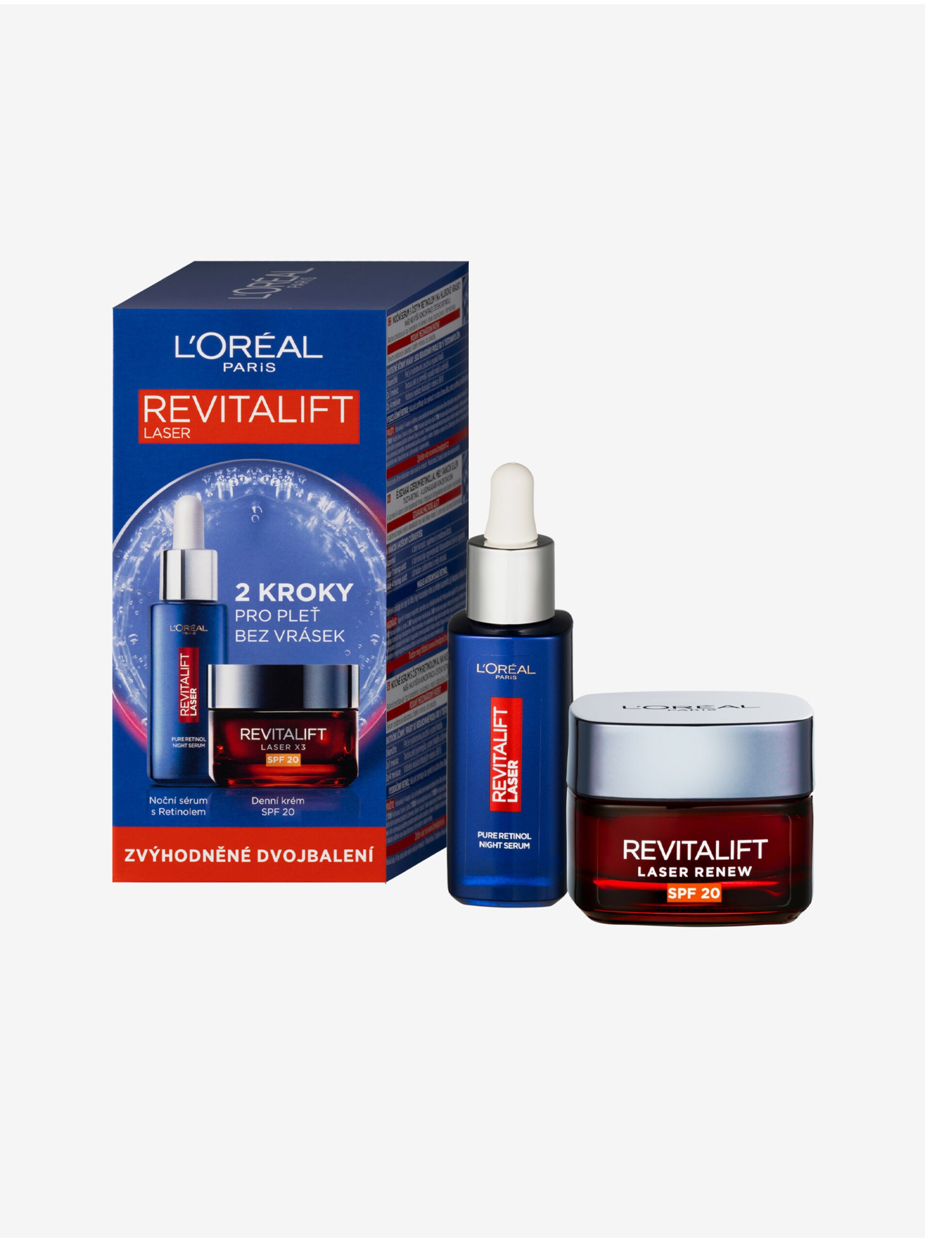 Levně Sada nočního pleťového séra a denního krému SPF 20 proti vráskám L'Oréal Paris Revitalift Laser Retinol Duopack (30 ml + 50 ml)