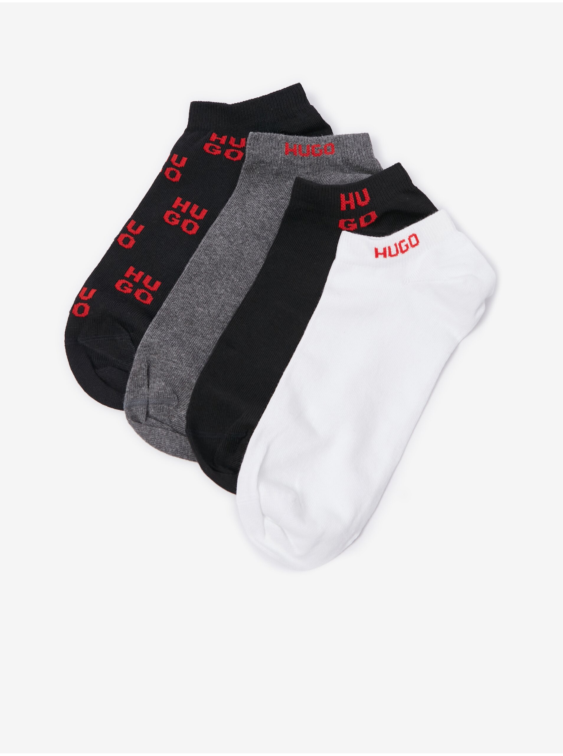 Lacno Súprava štyroch párov pánskych členkových ponožiek v čiernej, šedej a bielej farbe BOSS