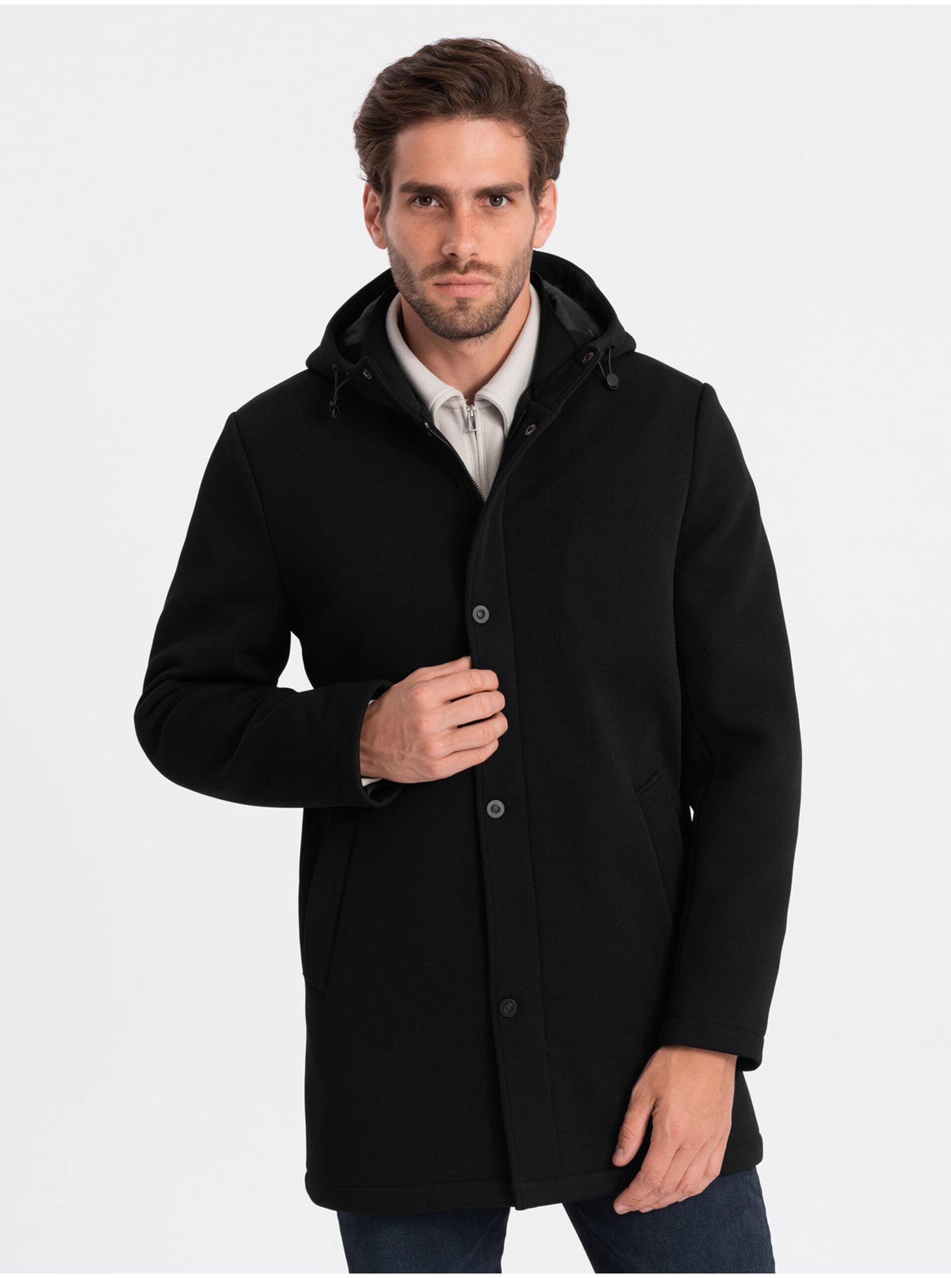 Levně Černý pánský zateplený kabát s kapucí a skrytým zipem Ombre Clothing