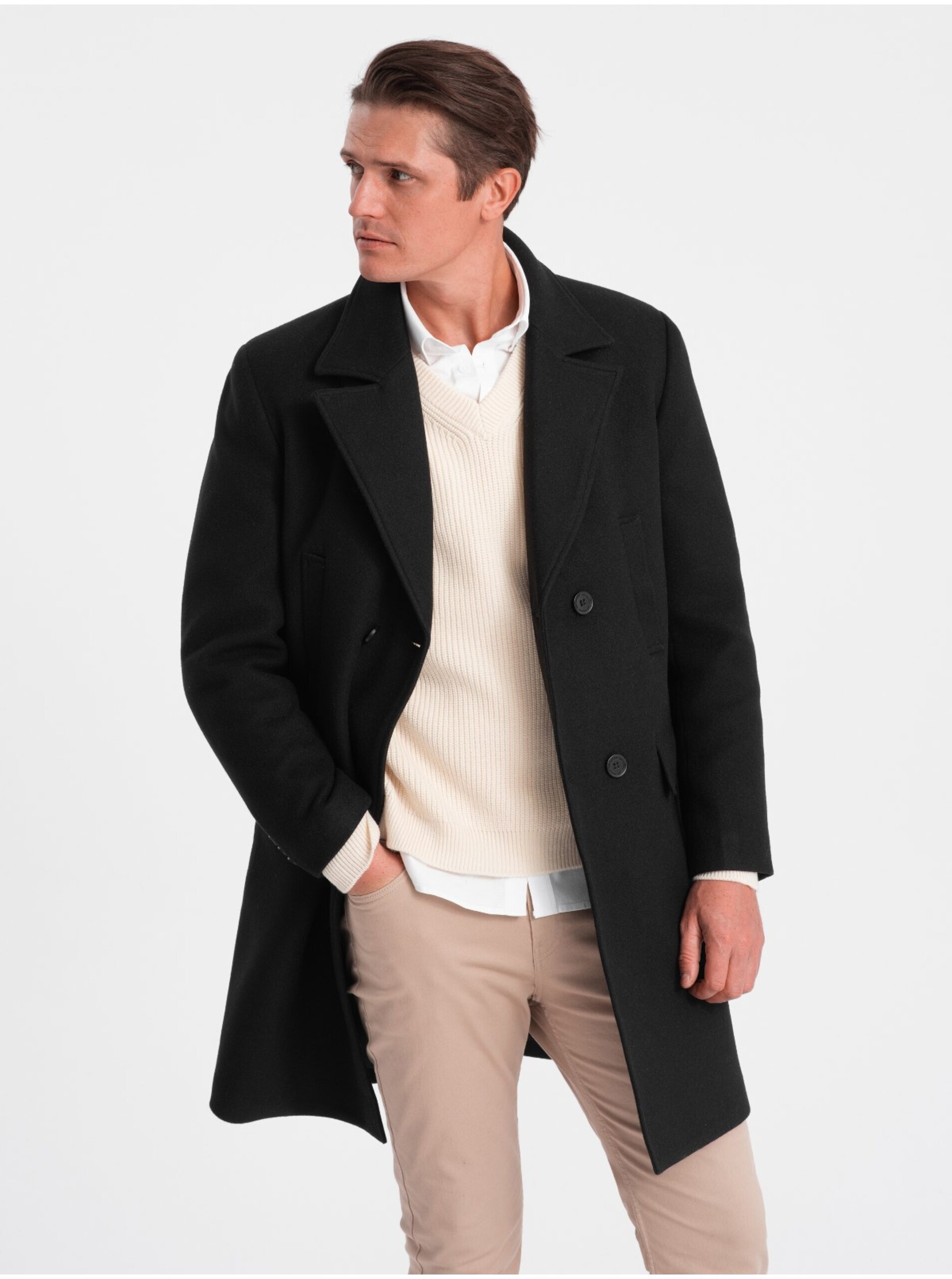 Levně Černý pánský kabát s podšívkou Ombre Clothing