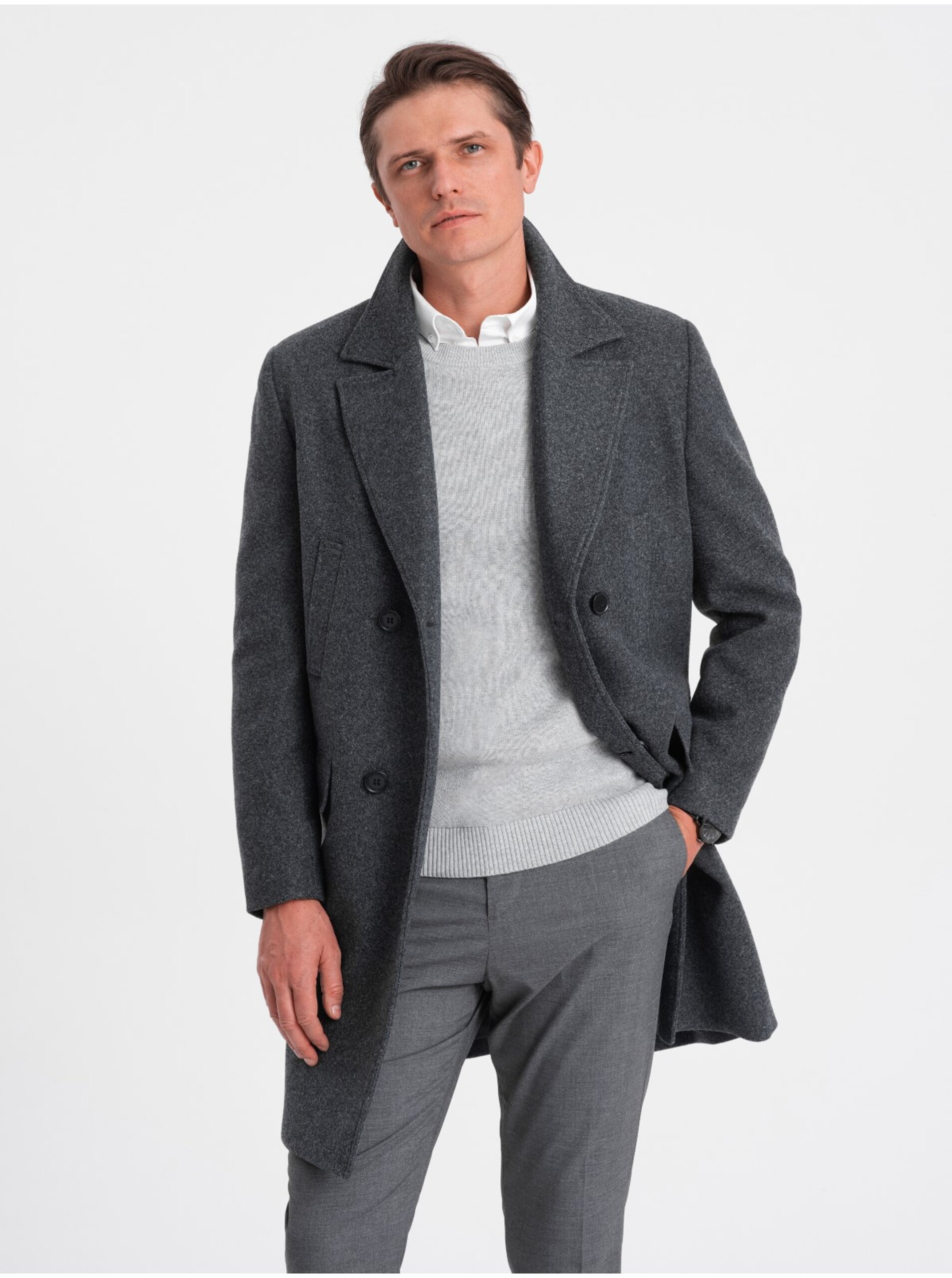 Levně Tmavě šedý pánský kabát s podšívkou Ombre Clothing