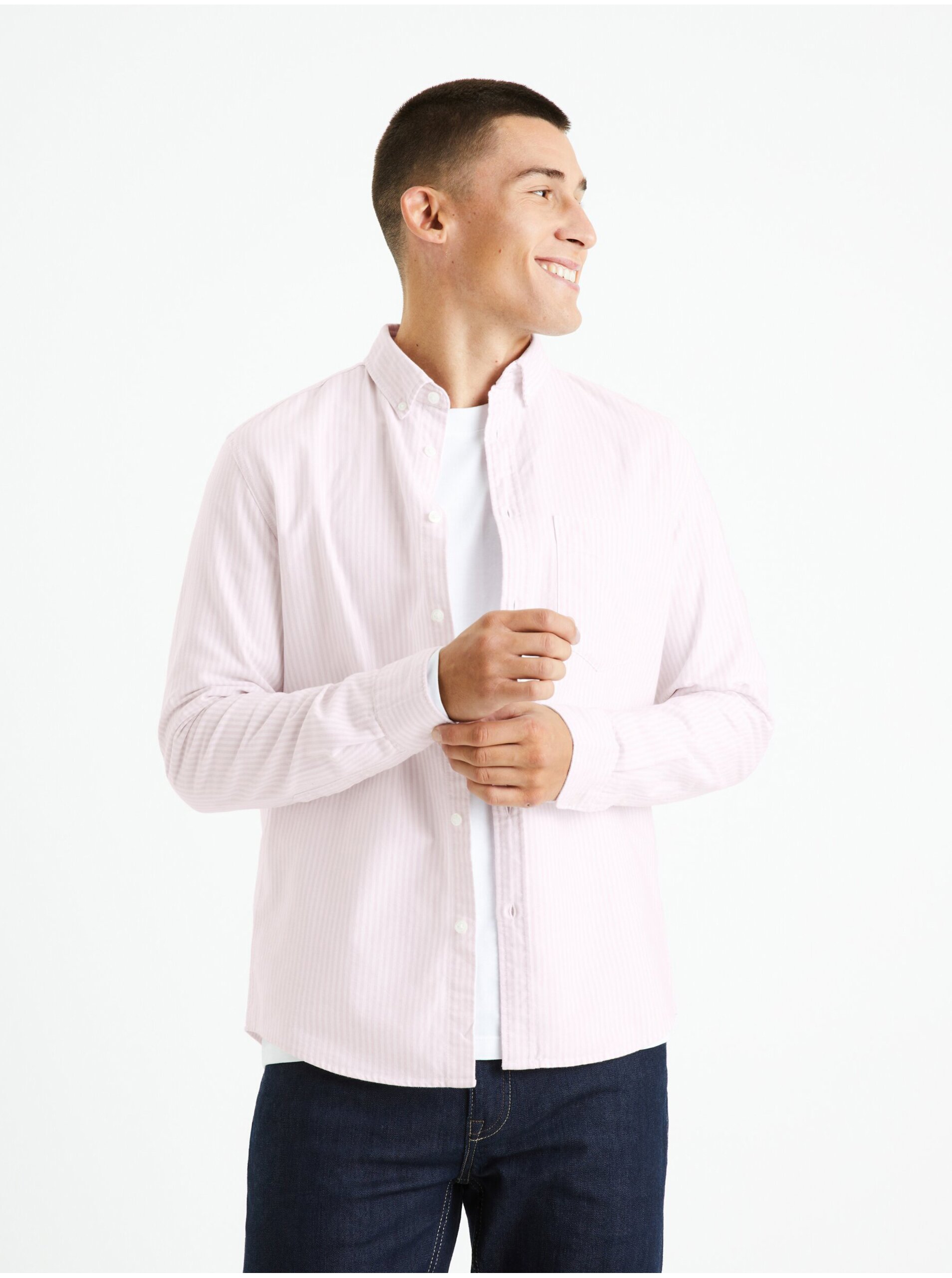 E-shop Růžová pánská pruhovaná košile Celio Caoxfordy