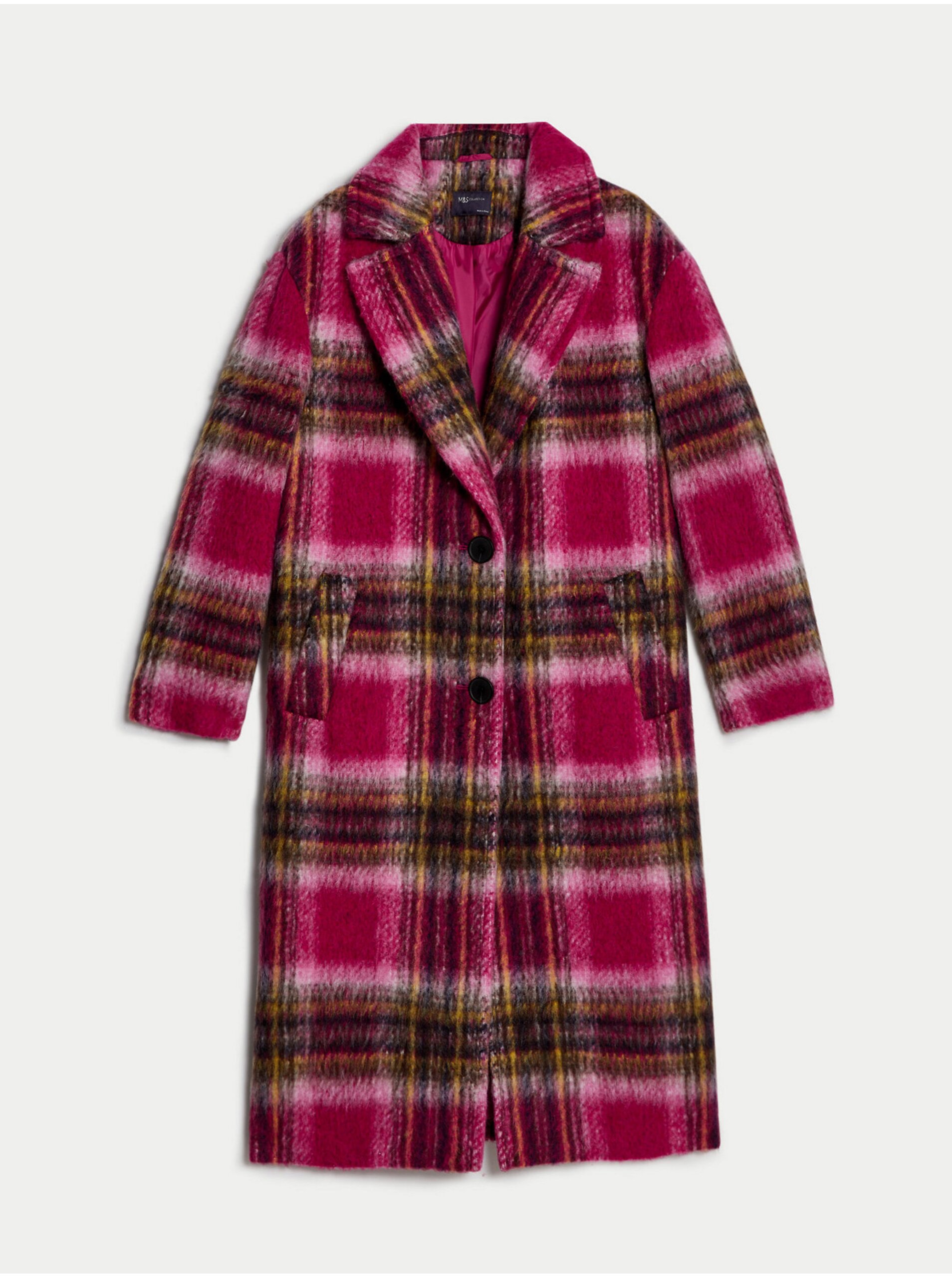 Levně Tmavě růžový dámský kostkovaný kabát s příměsí vlny Marks & Spencer