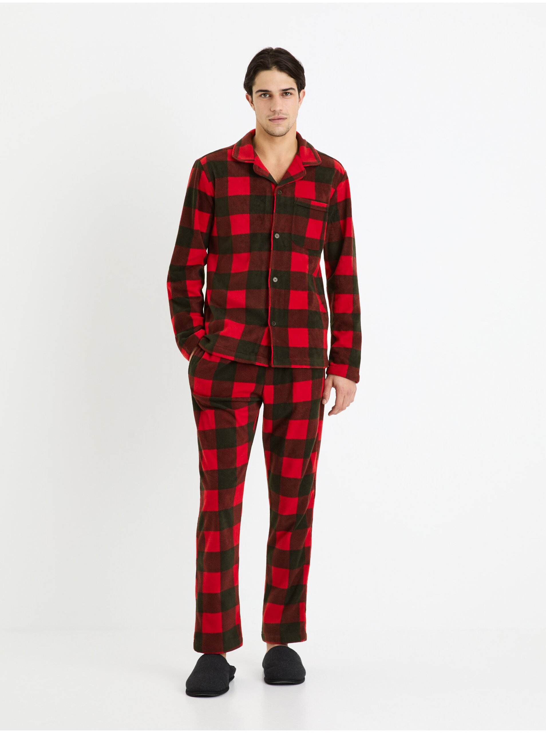 Lacno Čierno-červené pánske kockované pyžamo vo vianočnom balení Celio