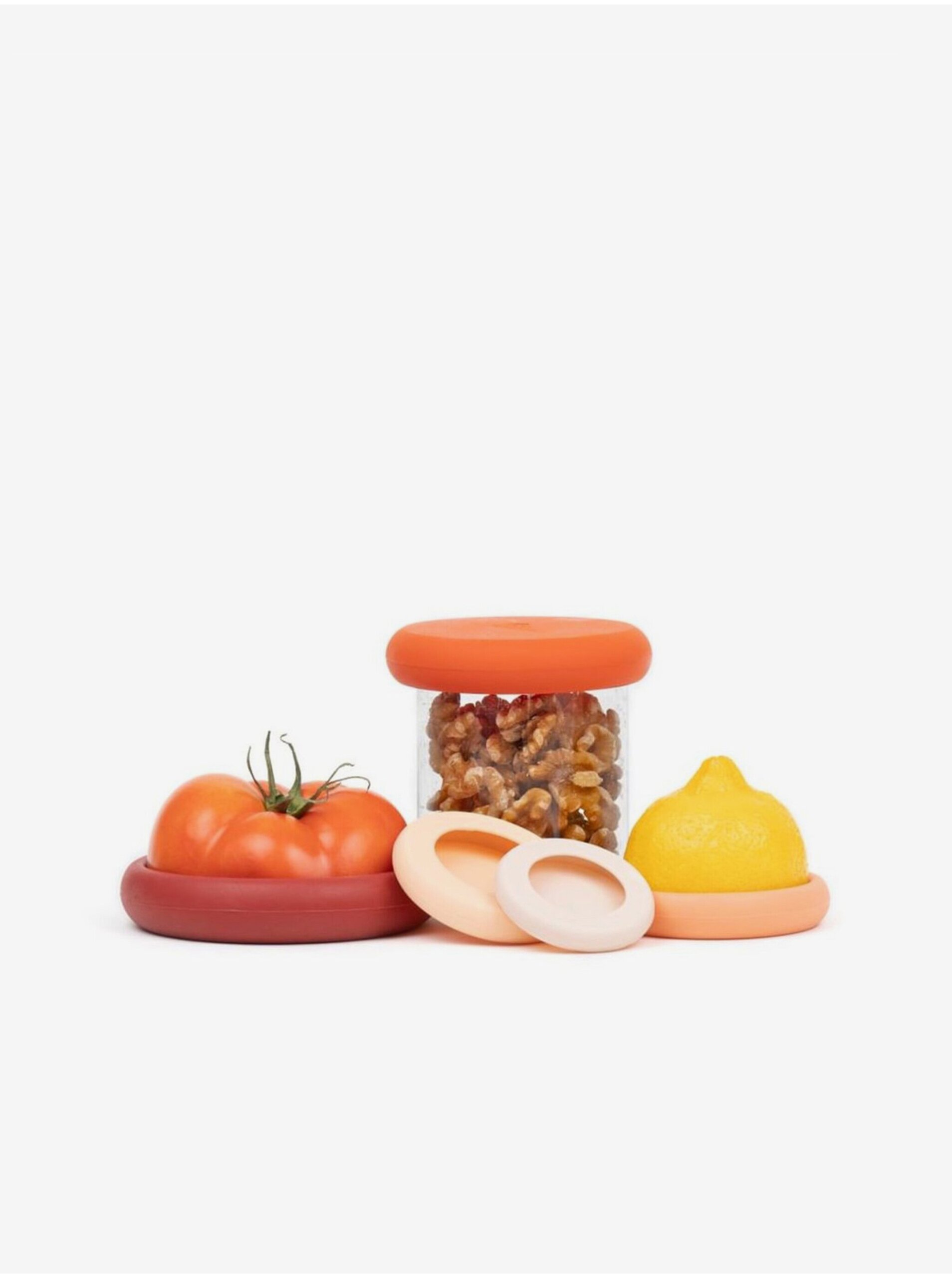 E-shop Súprava piatich silikónových krytov na ovocie a zeleninu v krémovej, oranžovej a vínovej farbe Food Huggers Terakota