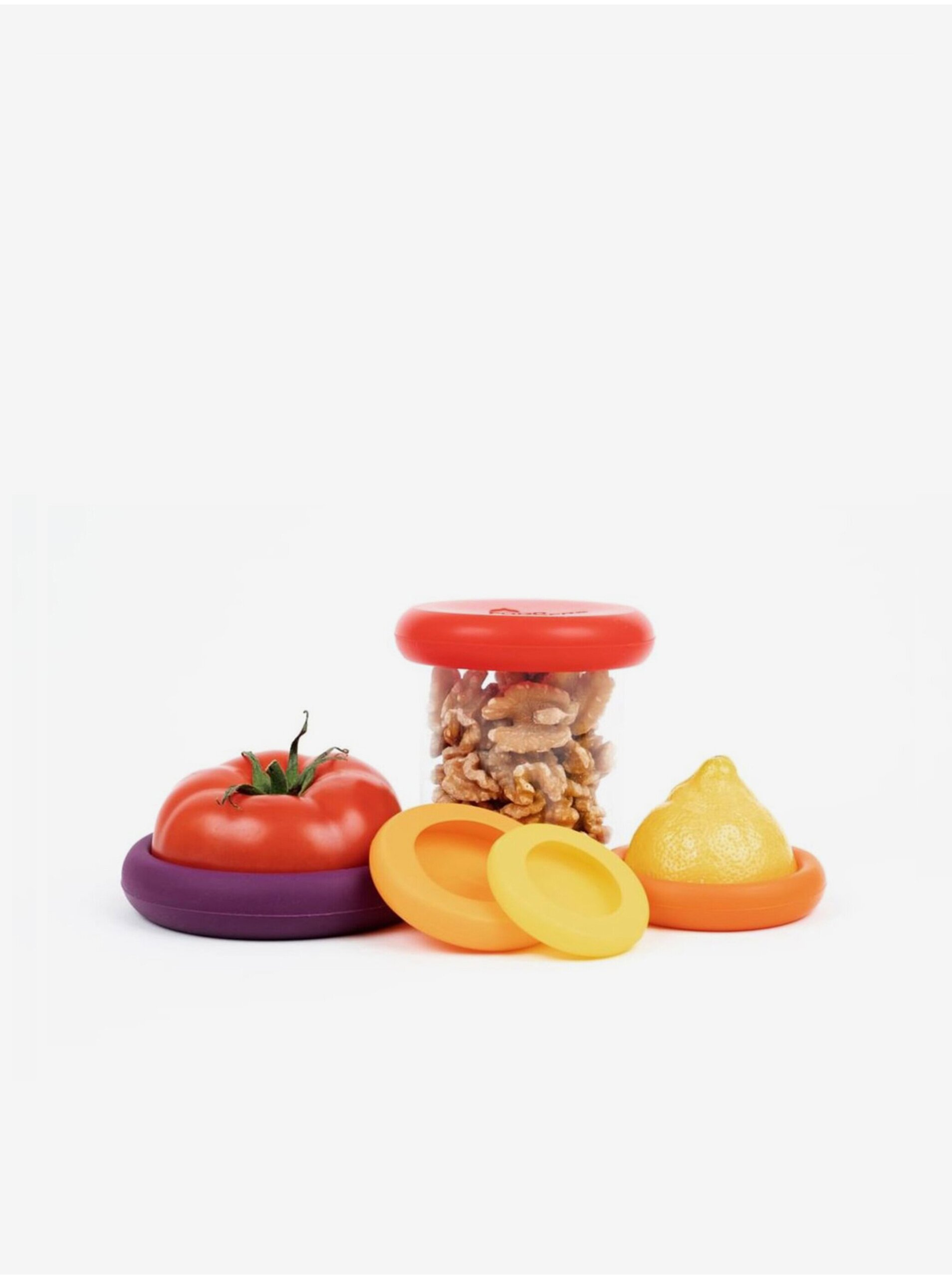 Levně Sada pěti silikonových krytů na ovoce a zeleninu v žluté, oranžové, červené a fialové barvě Food Huggers