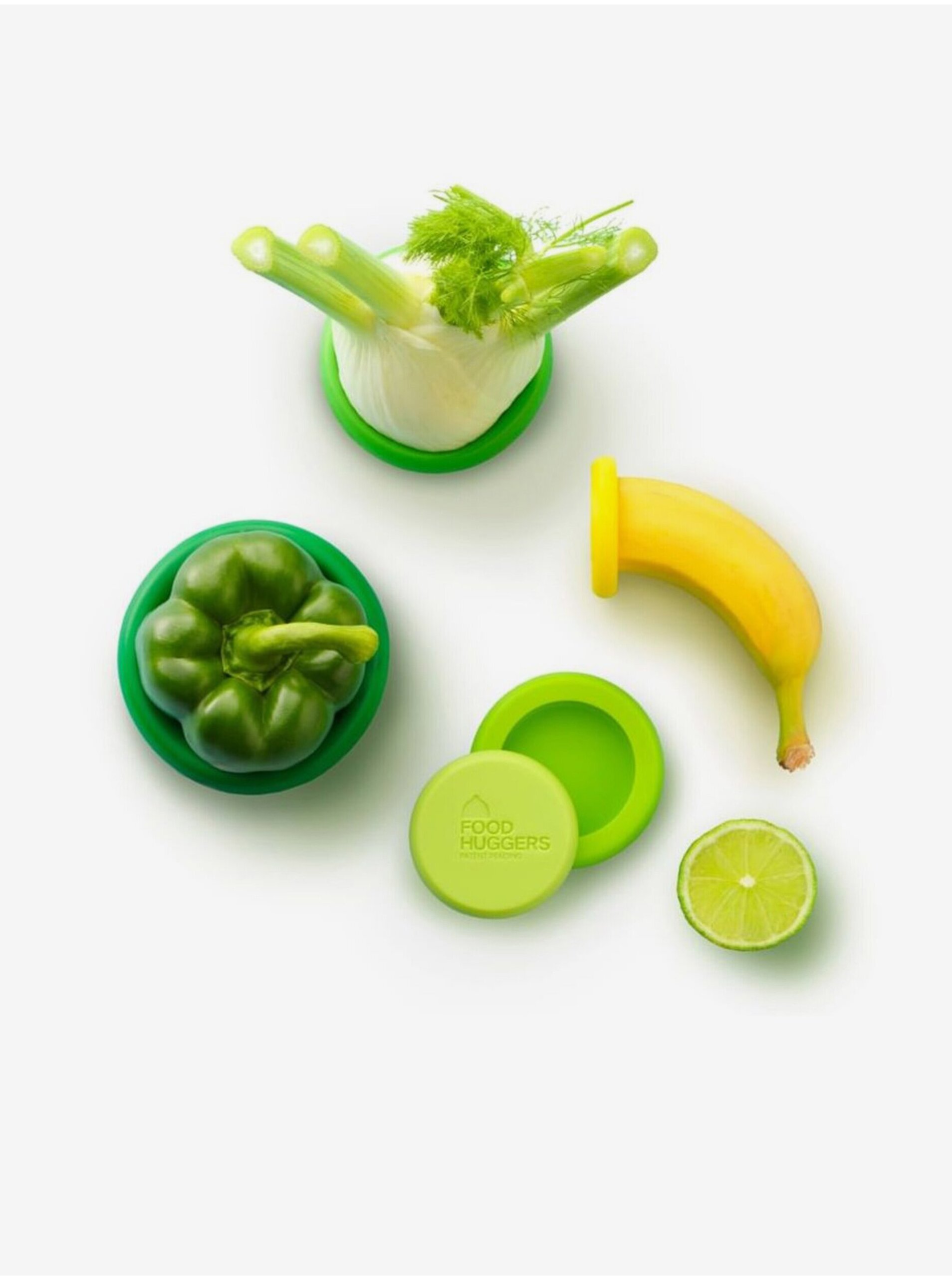 Levně Sada pěti silikonových krytů na ovoce a zeleninu v zelené a žluté barvě Food Huggers