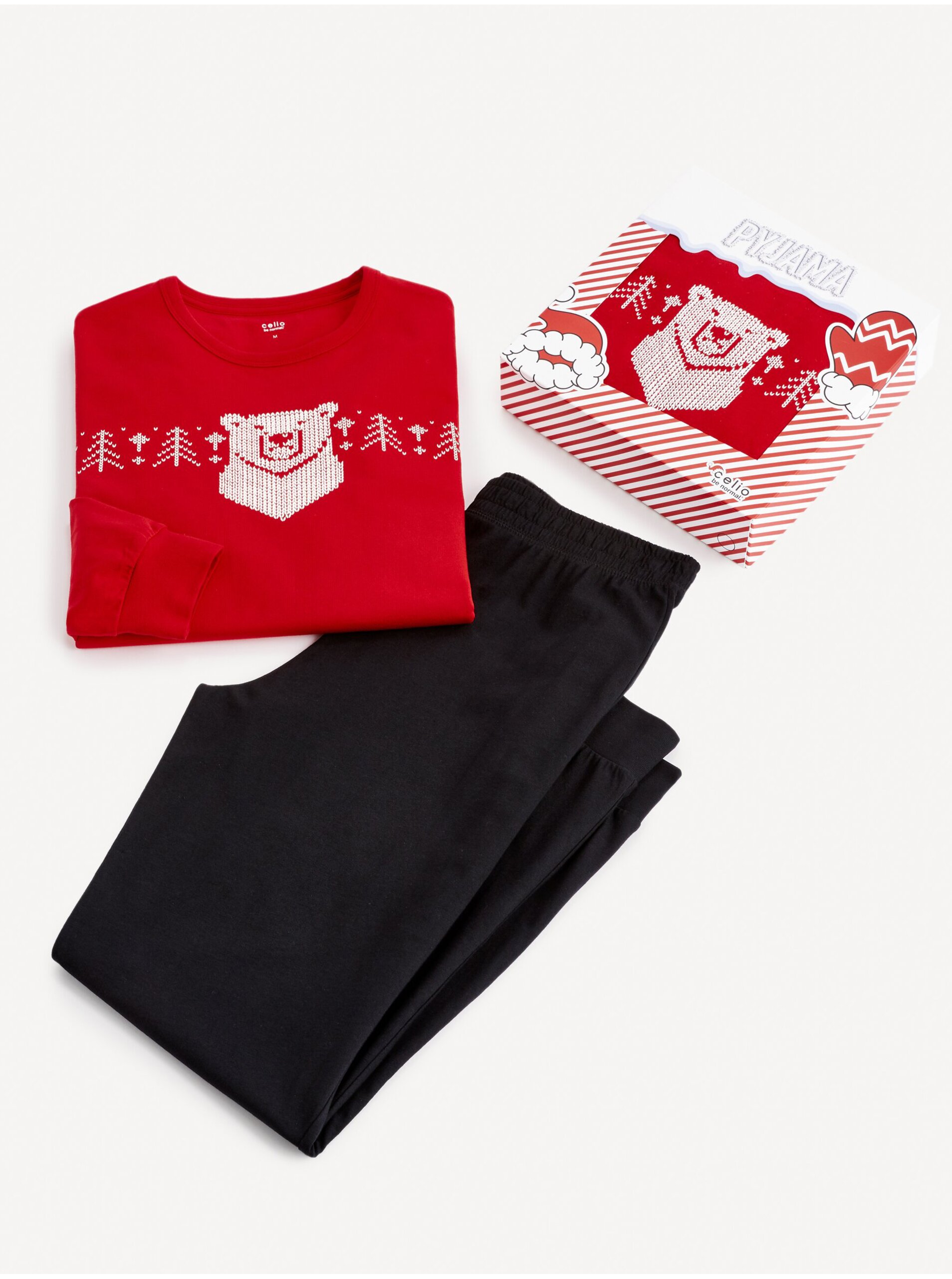 Levně Černo-červené pánské vzorované pyžamo v dárkovém balení Celio
