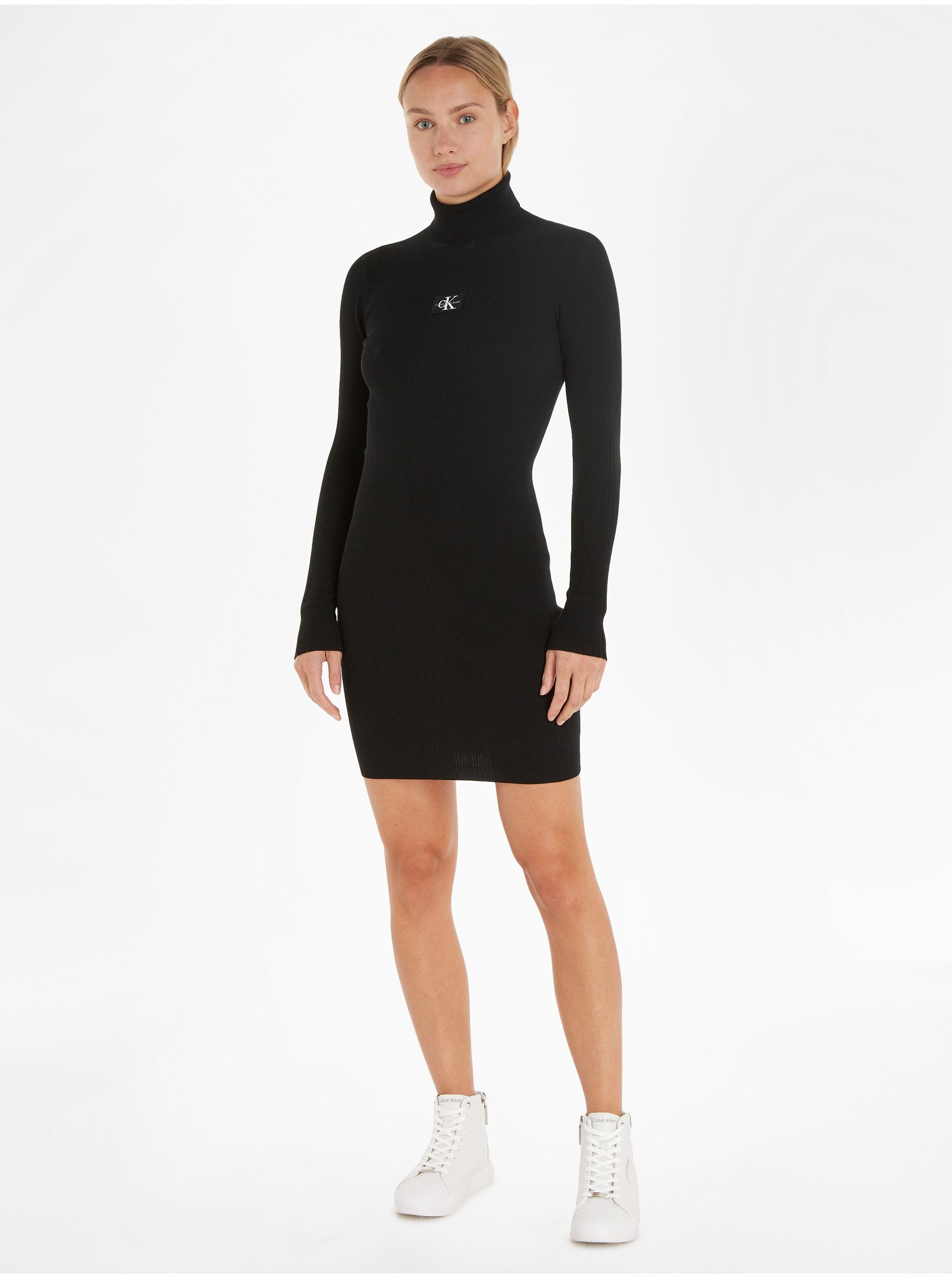 Levně Černé dámské svetrové šaty s rolákem Calvin Klein Jeans