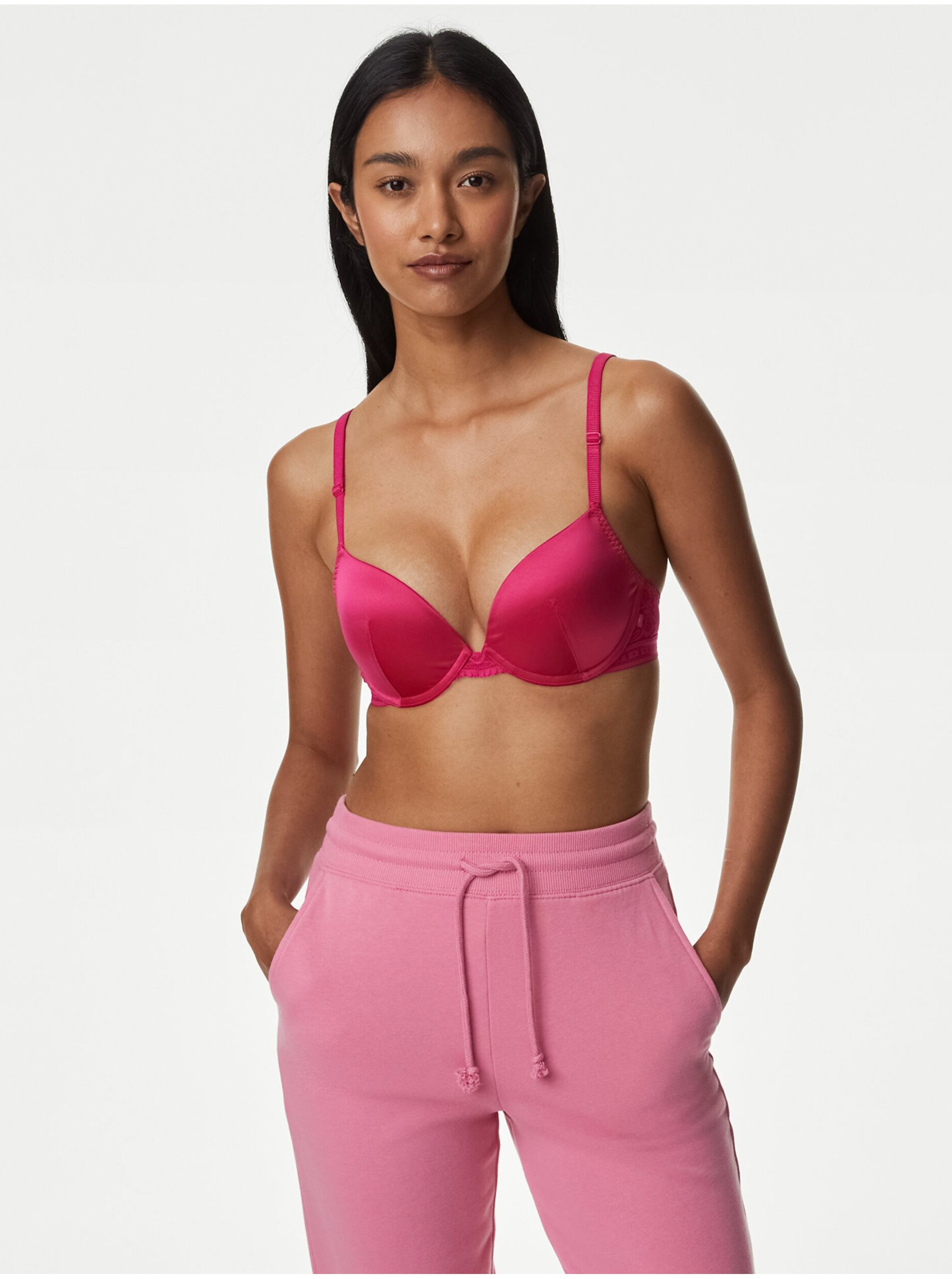 E-shop Tmavě růžová dámská saténová push-up podprsenka Marks & Spencer Ines