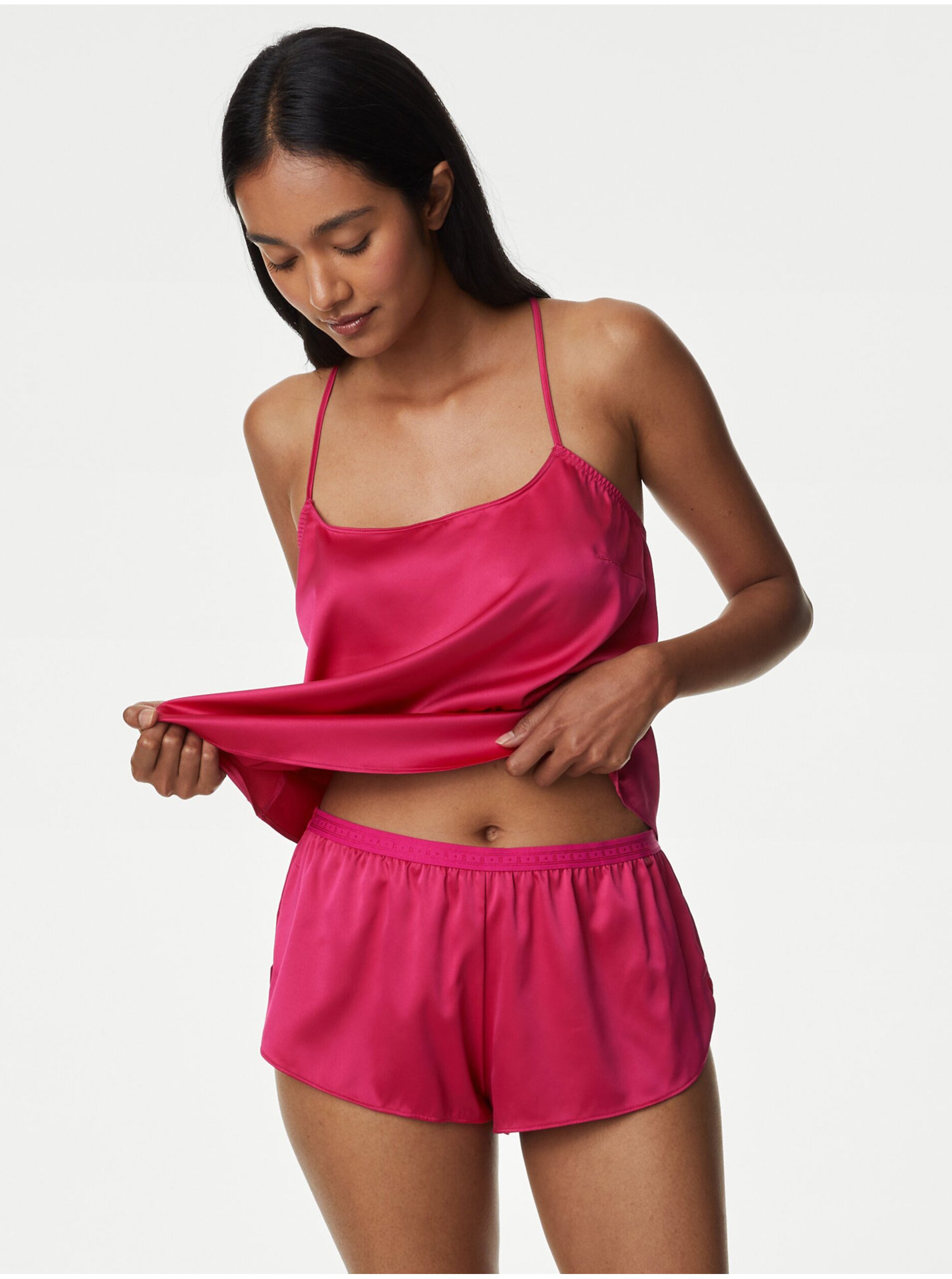 Levně Tmavě růžové dámské saténové pyžamové kraťasy Marks & Spencer Ines