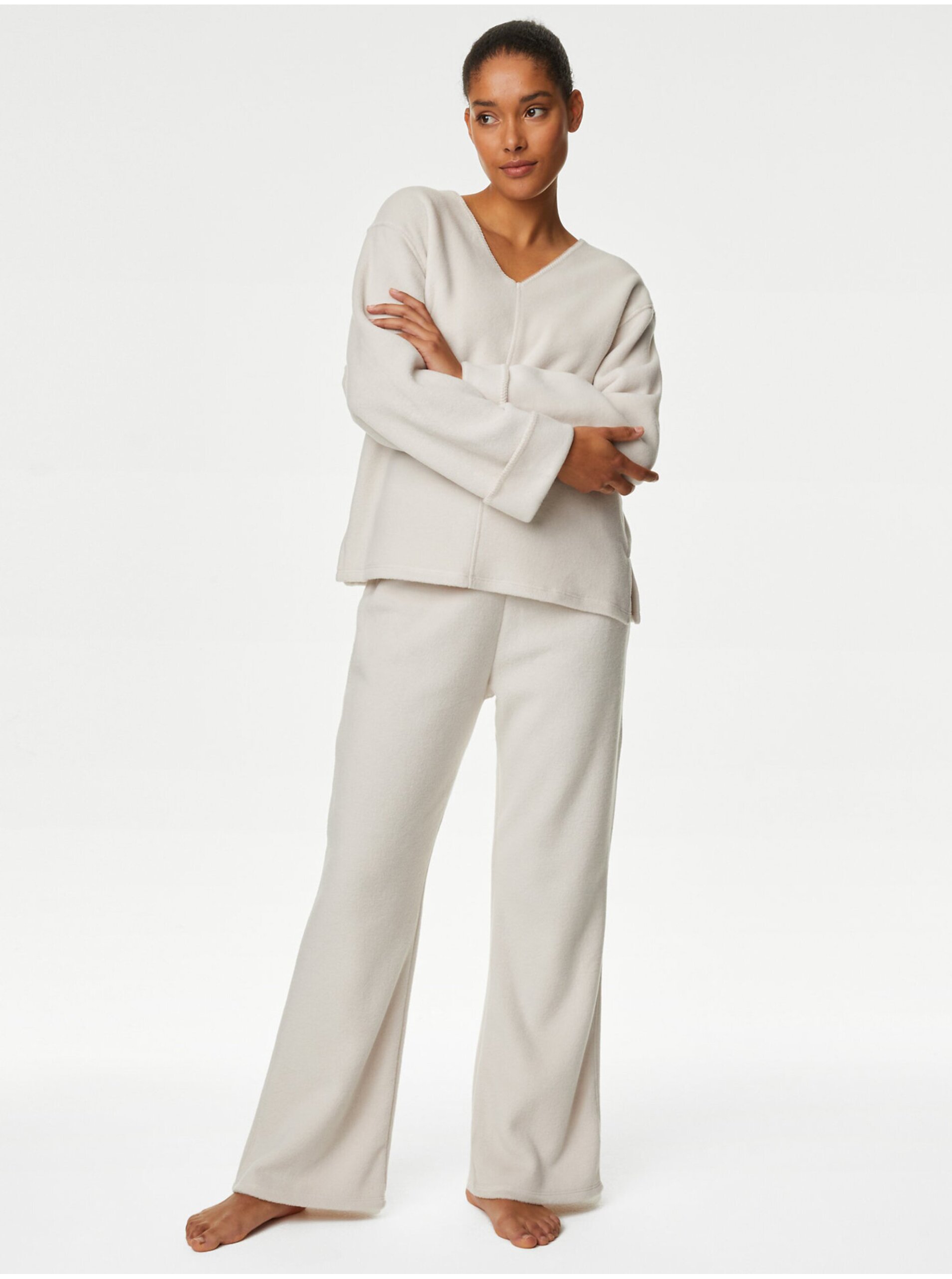 Levně Krémové dámské flísové pyžamové kalhoty Marks & Spencer