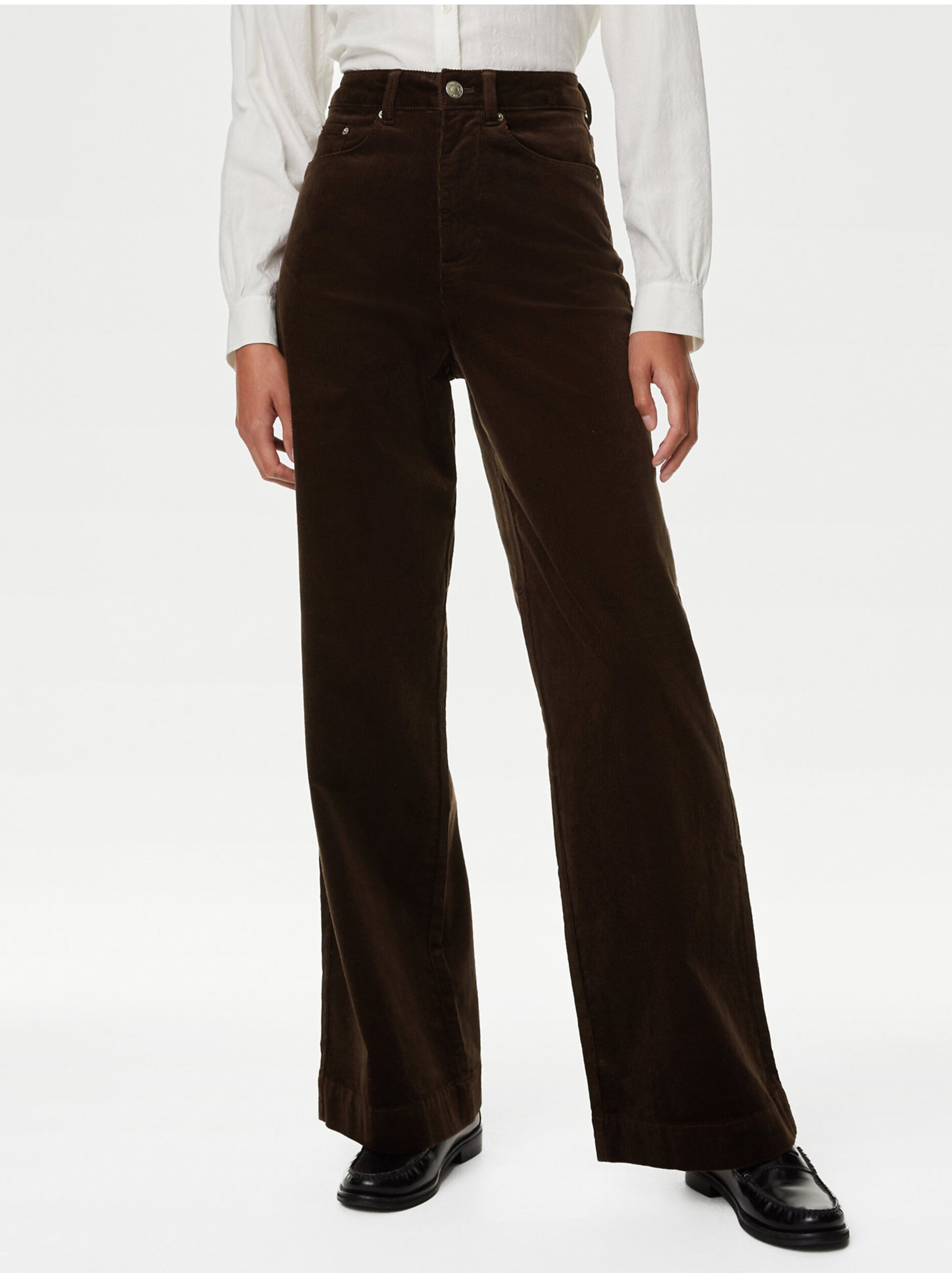 Levně Tmavě hnědé dámské široké manšestrové kalhoty Marks & Spencer