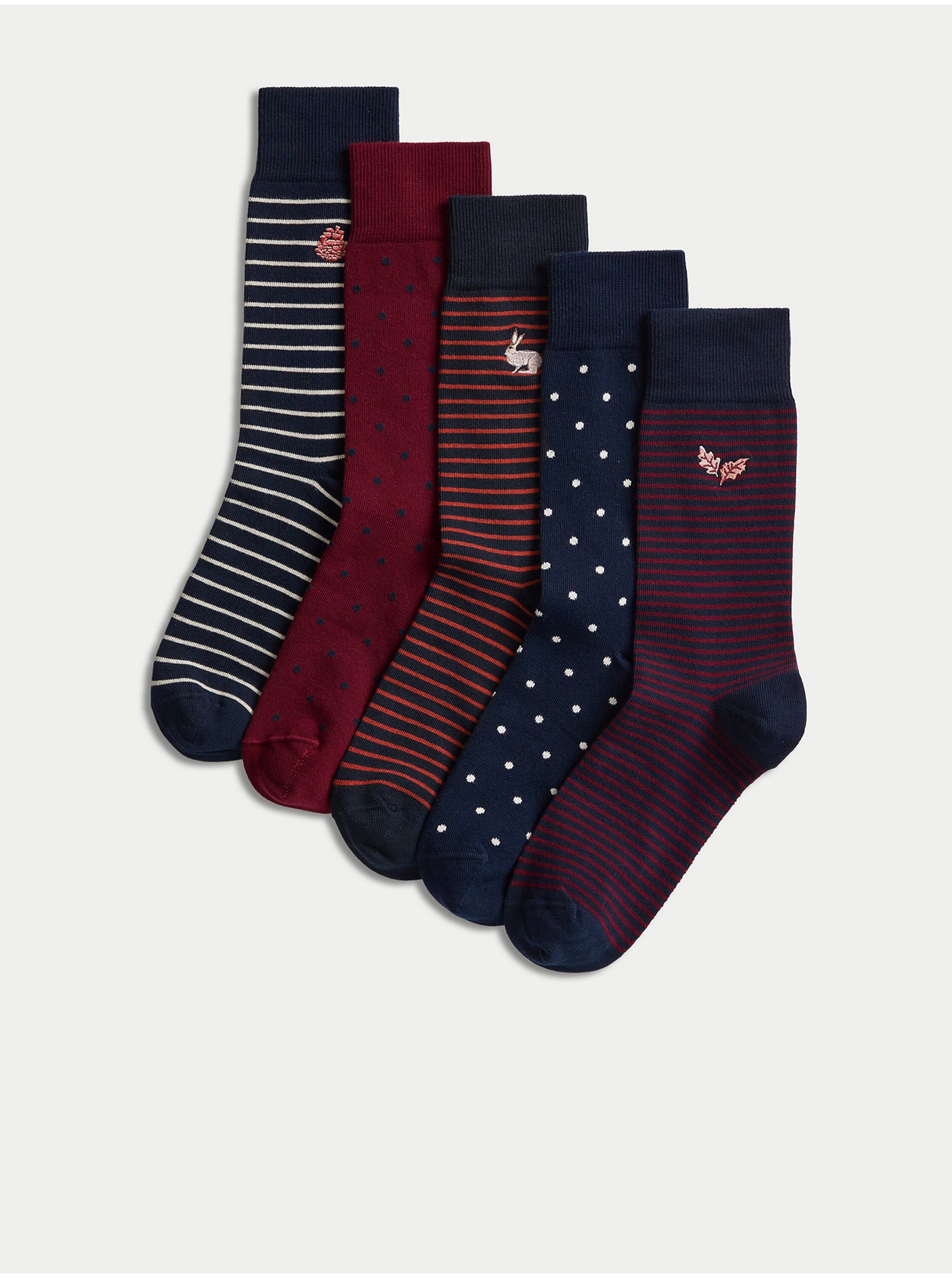 Levně Sada pěti párů pánských vzorovaných ponožek v tmavě modré a vínové barvě Marks & Spencer