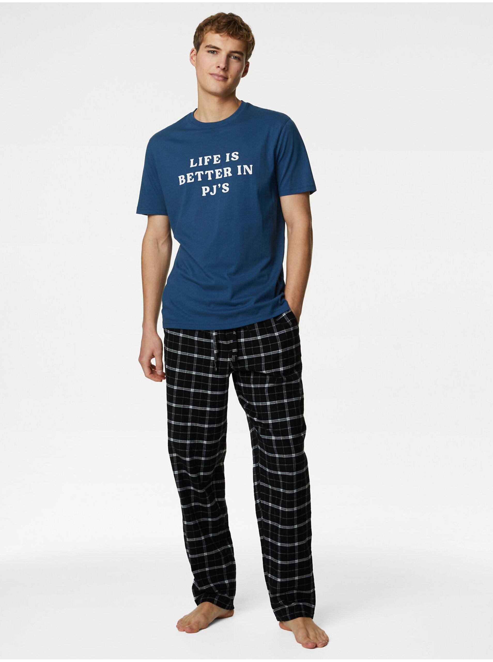 Levně Tmavě modré pánské pyžamové tričko Marks & Spencer námořnická modrá