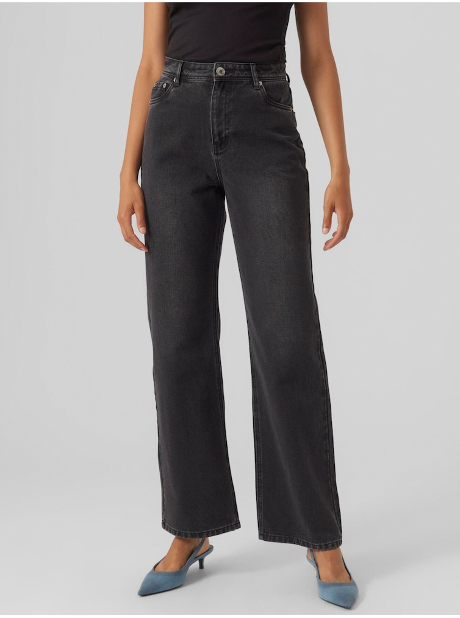 Lacno Čierne dámske široké džínsy Vero Moda Rachel