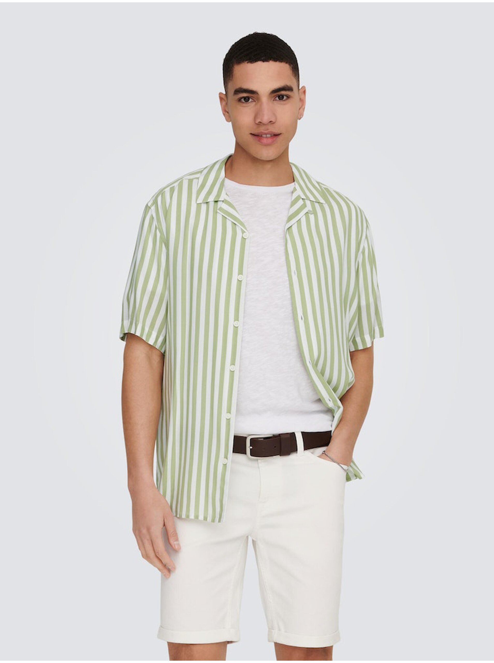 E-shop Bielo-zelená pánska pruhovaná košeľa s krátkym rukávom ONLY & SONS Wayne