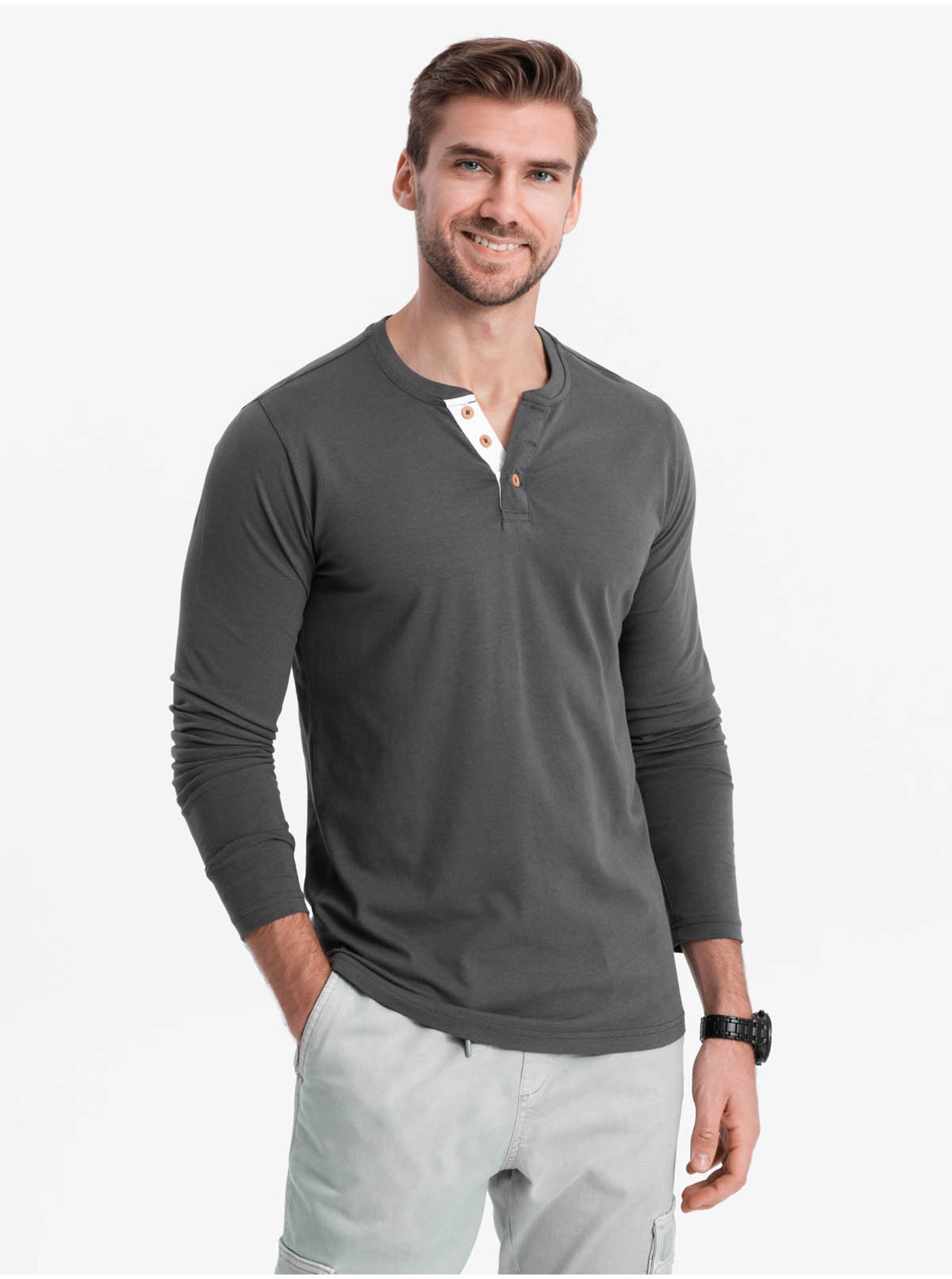Levně Tmavě šedé pánské tričko s knoflíky Ombre Clothing HENLEY
