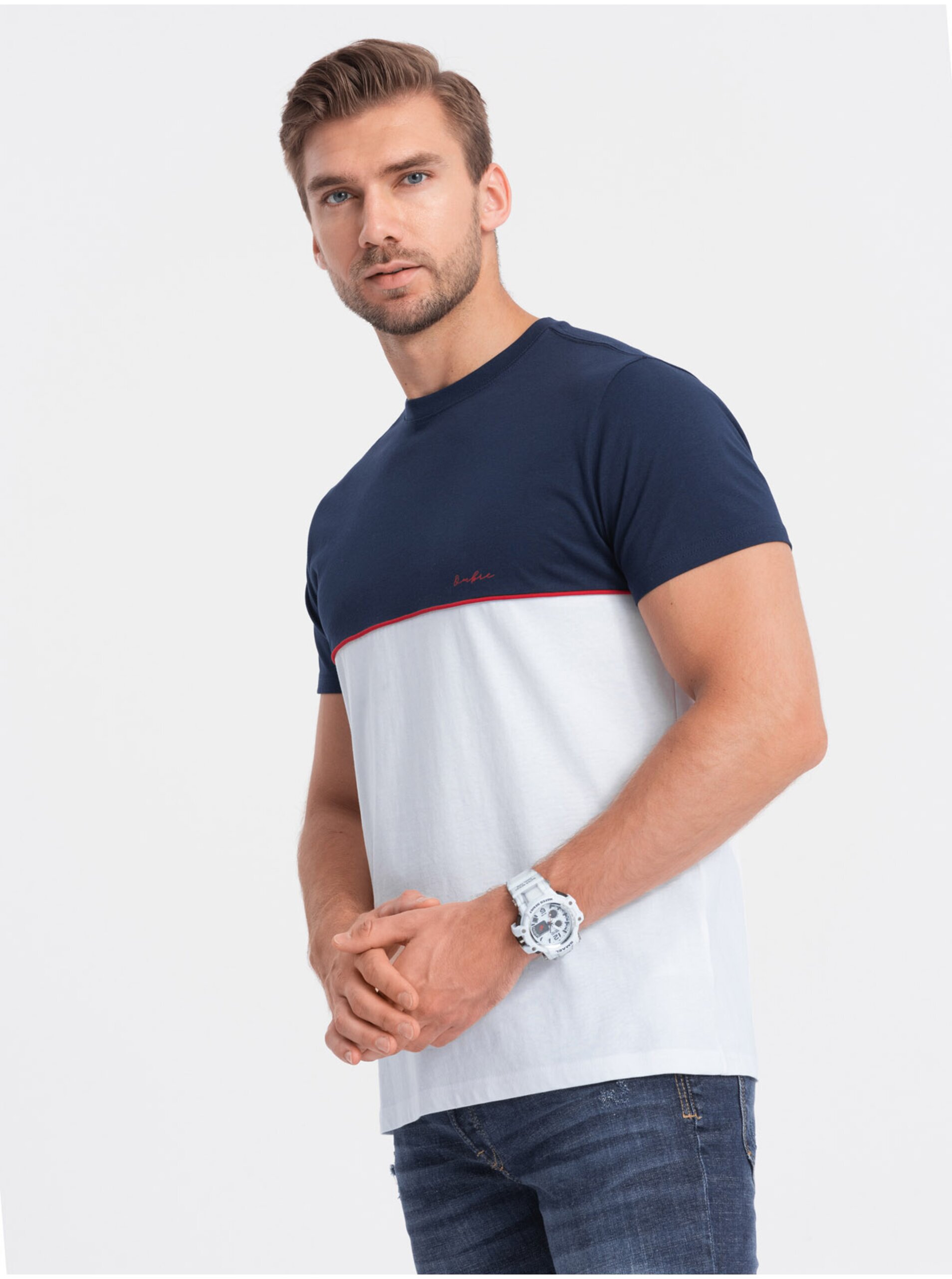 Levně Modro-bílé pánské tričko Ombre Clothing