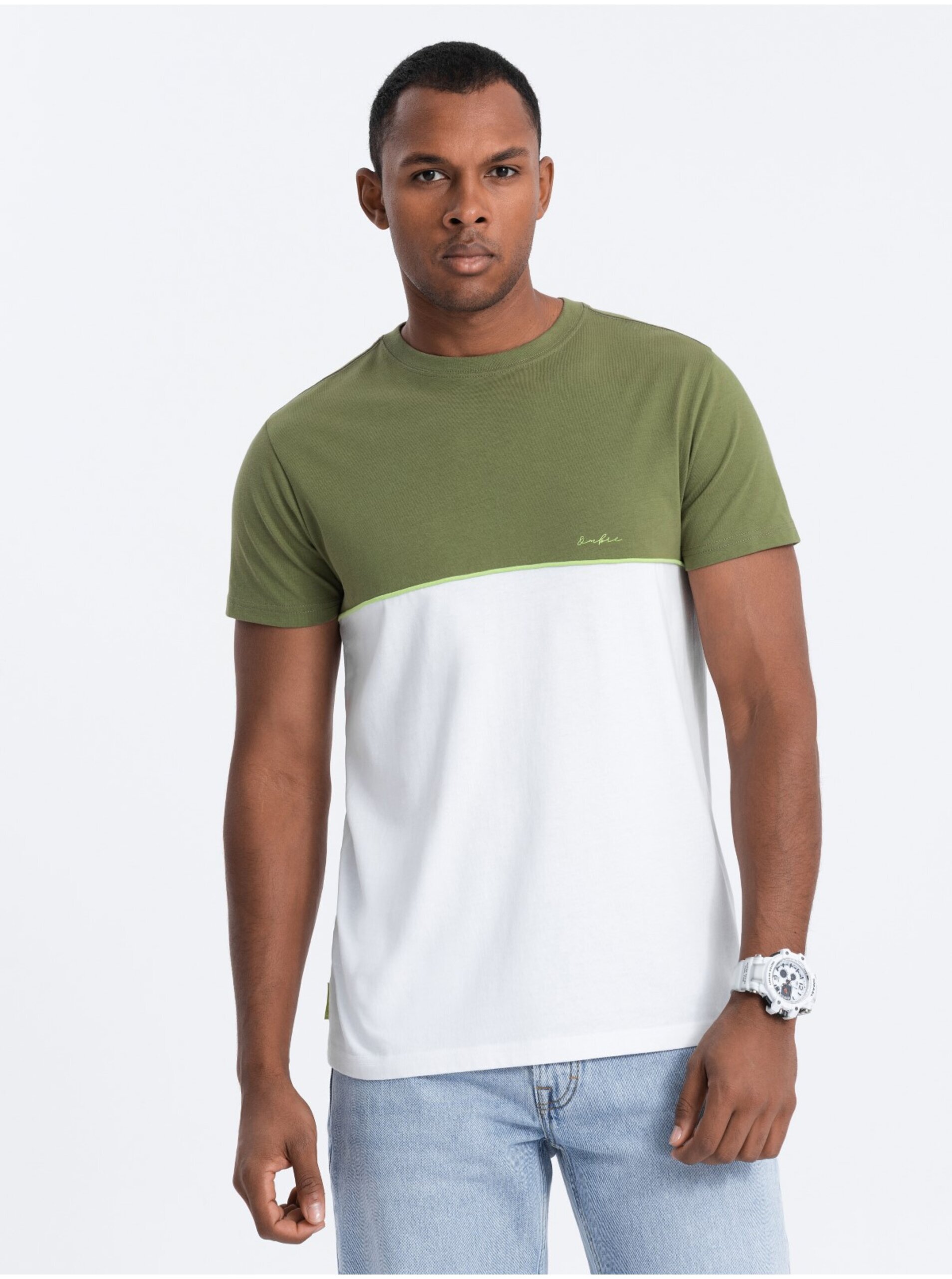 Levně Bílo-zelené pánské tričko Ombre Clothing