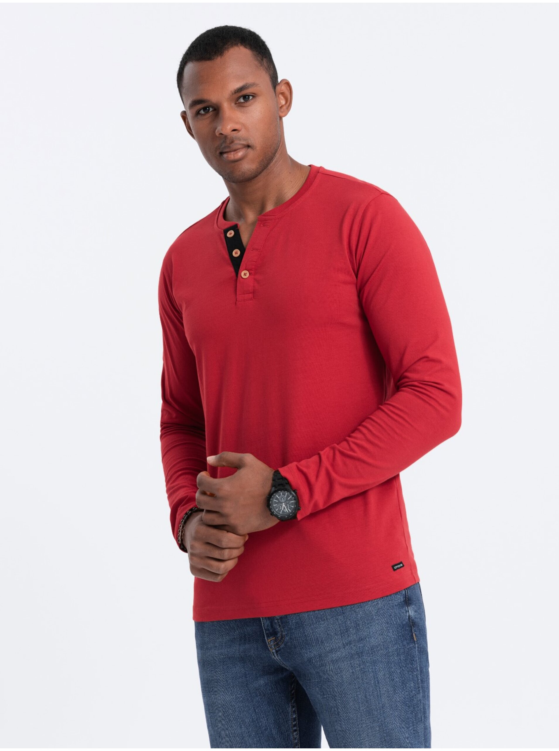 Lacno Červené pánske tričko s gombíkmi Ombre Clothing HENLEY