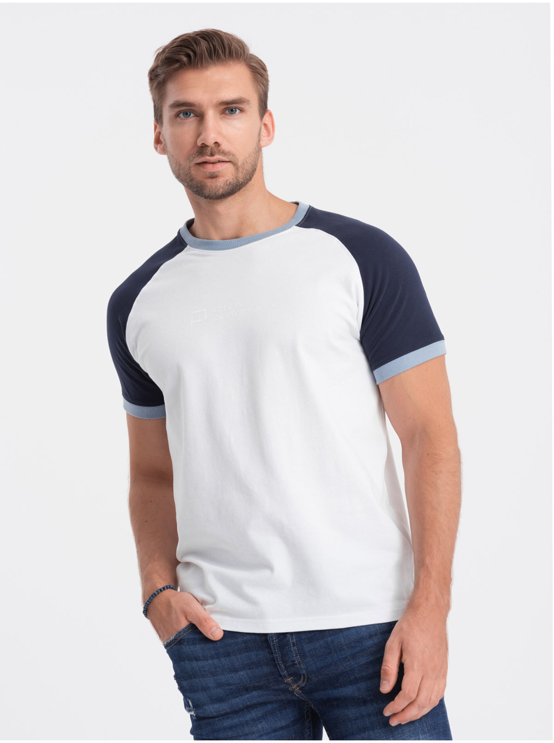 Lacno Modro-biele pánske tričko Ombre Clothing Reglan