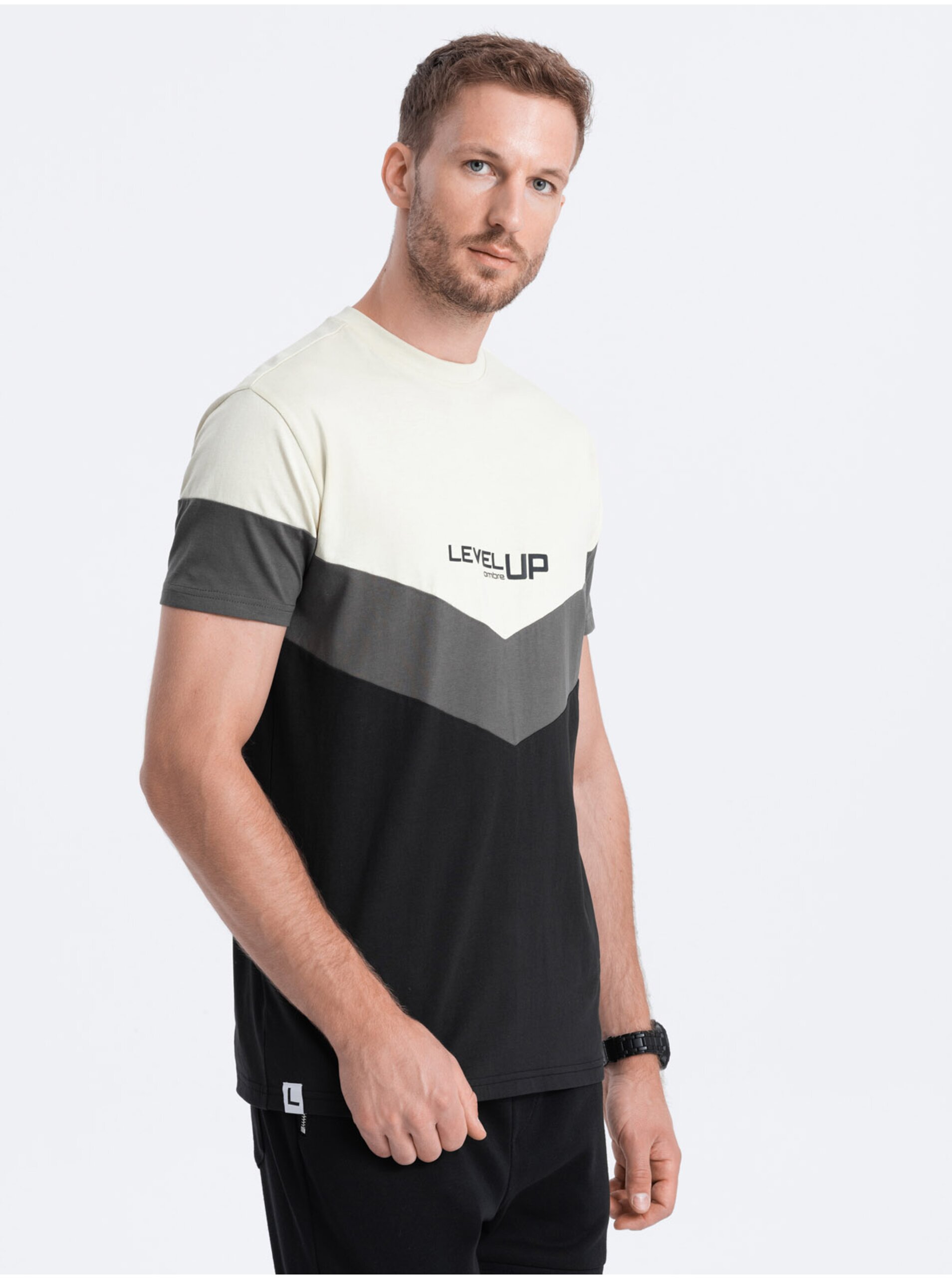 Levně Krémovo-černé pánské tričko s nápisem Ombre Clothing