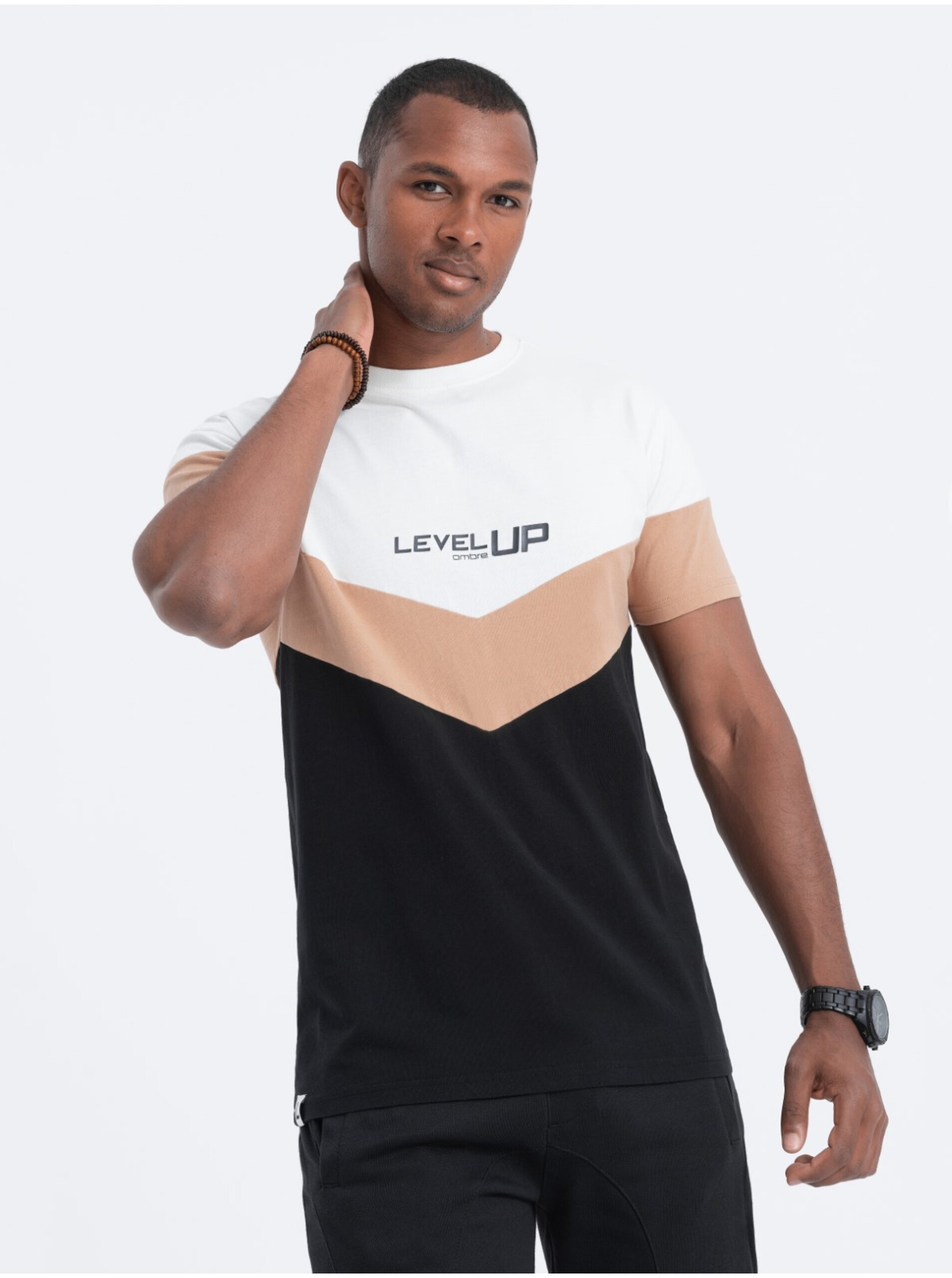 Levně Hnědo-černé pánské tričko s nápisem Ombre Clothing