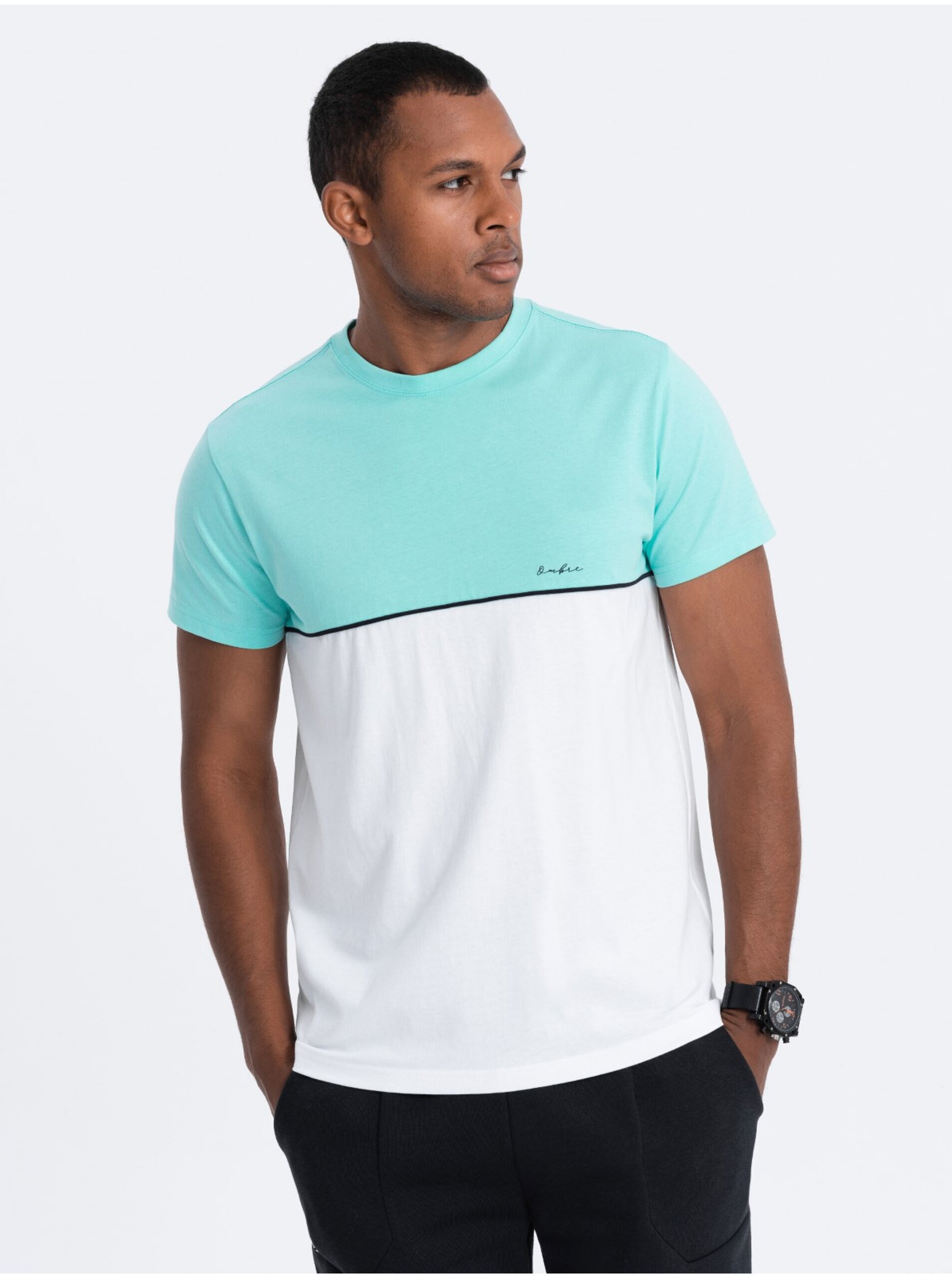 E-shop Bílo-tyrkysové pánské tričko Ombre Clothing