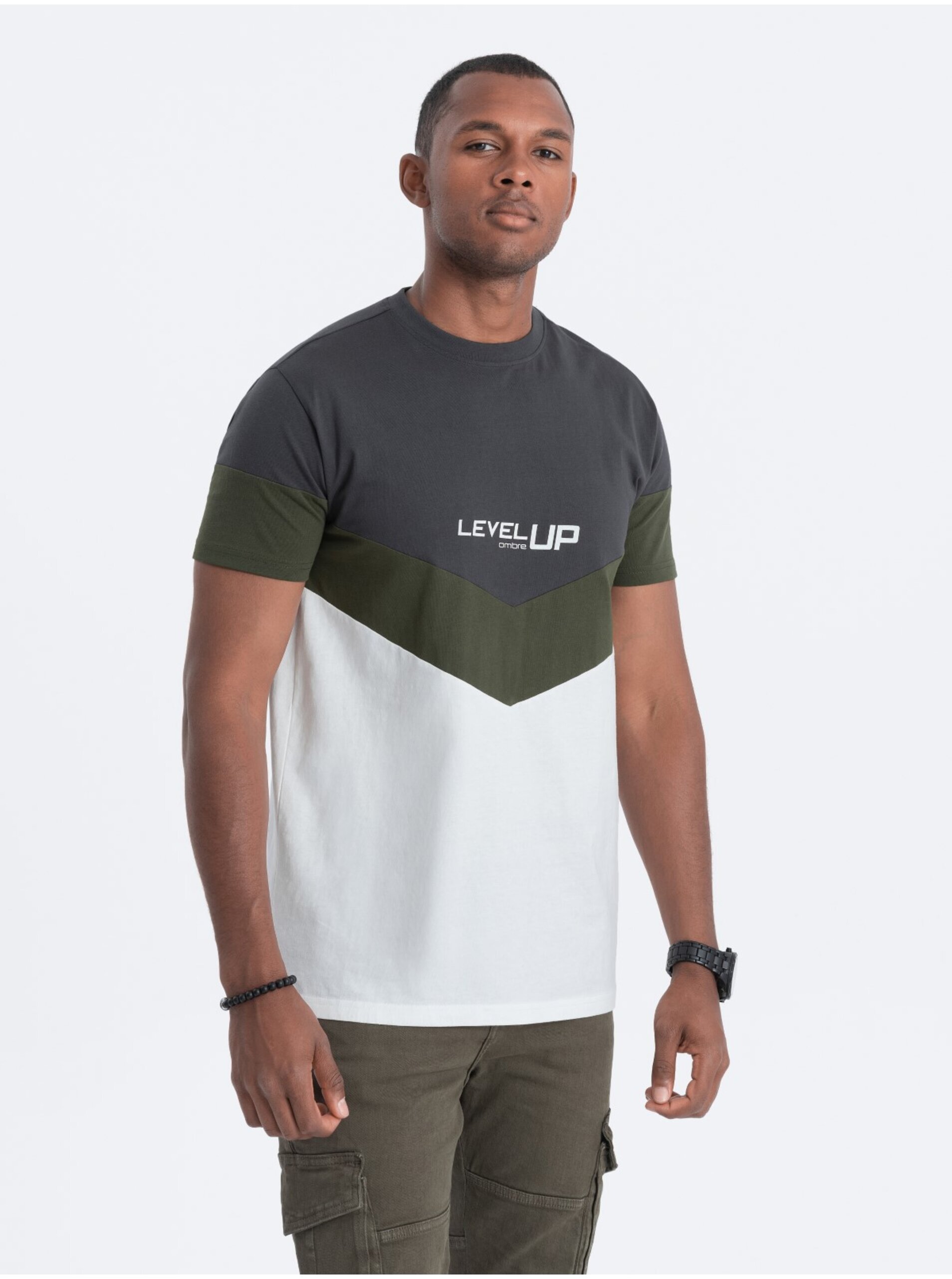 Levně Šedo-bílé pánské tričko s nápisem Ombre Clothing