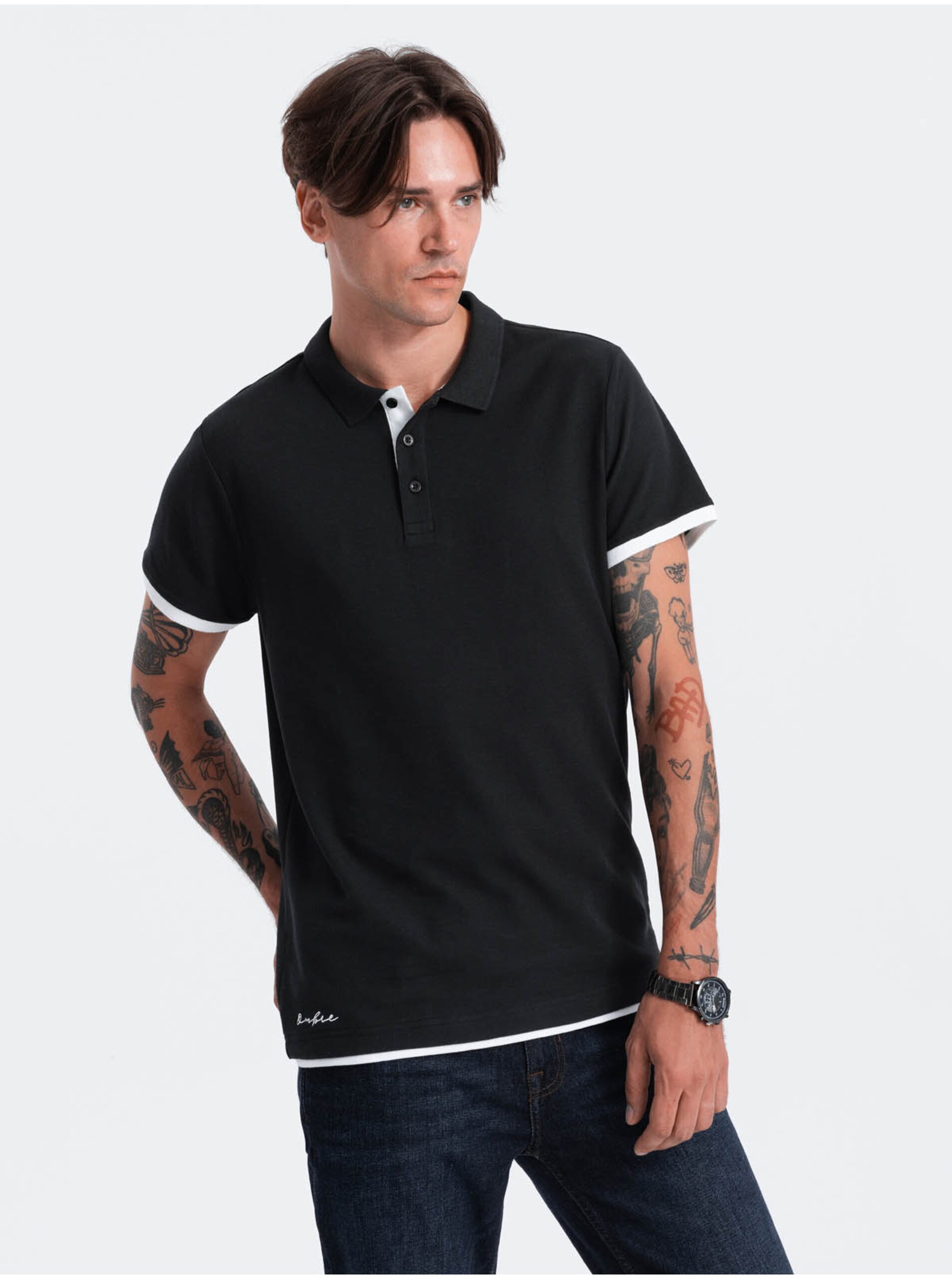 Lacno Čierne pánske polo tričko Ombre Clothing