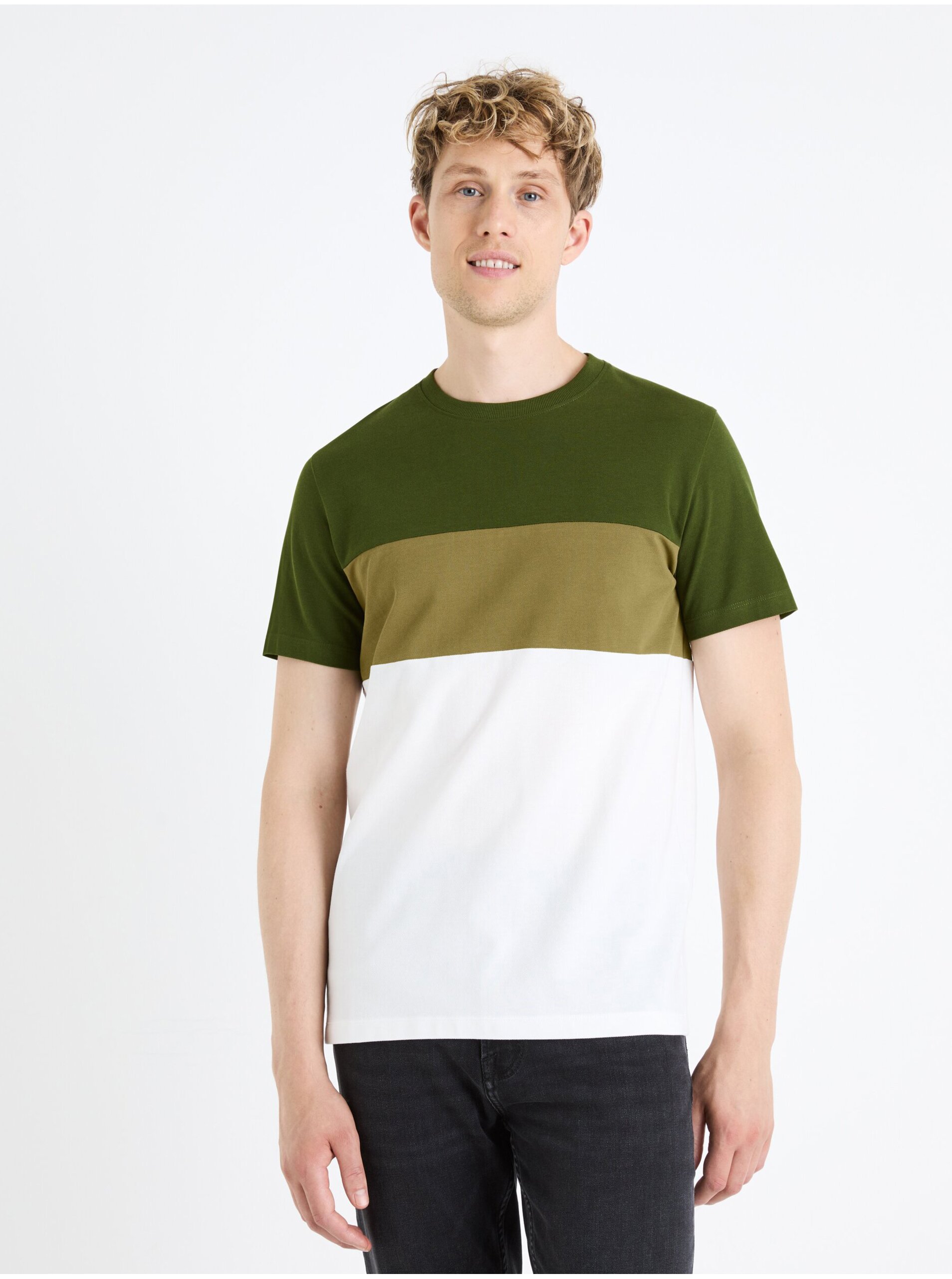 Levně Zeleno-bílé pánské tričko Celio Febloc