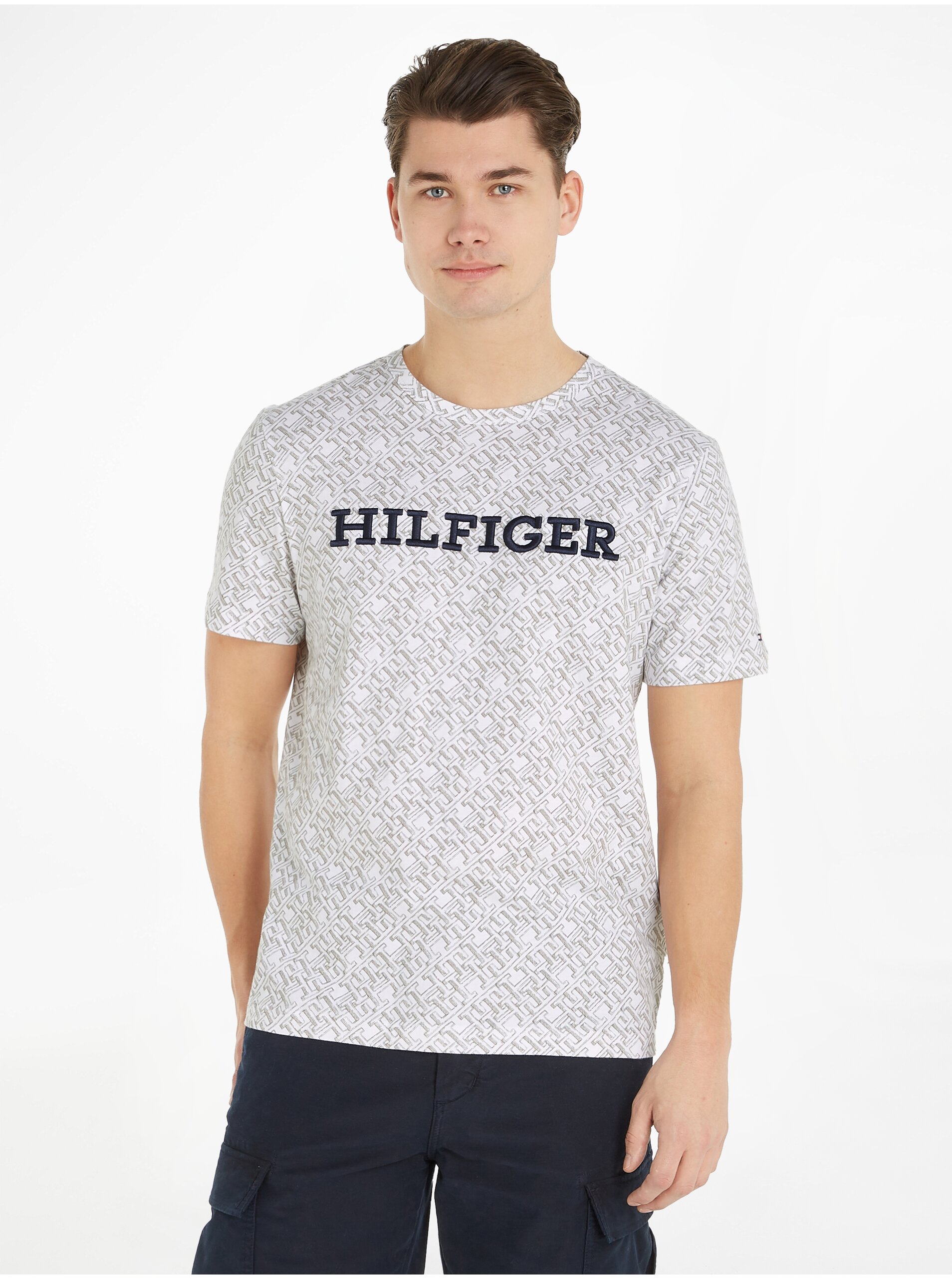 Levně Bílé pánské vzorované tričko Tommy Hilfiger