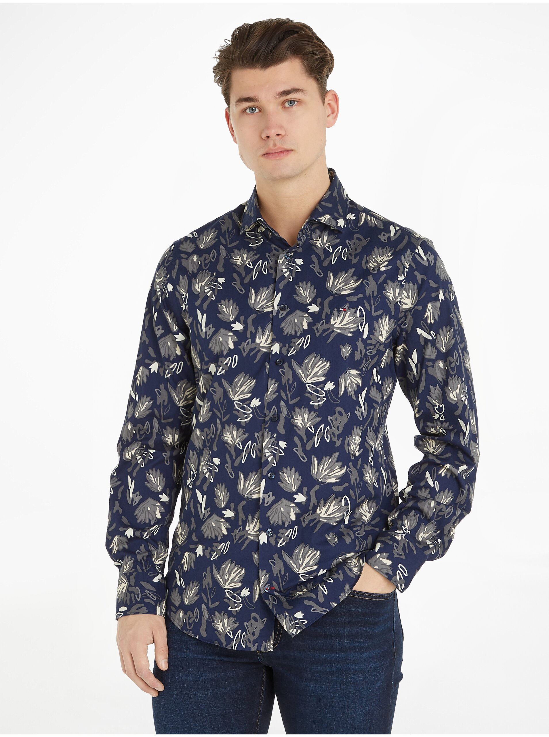 Lacno Tmavomodrá pánska vzorovaná košeľa Tommy Hilfiger Floral Print